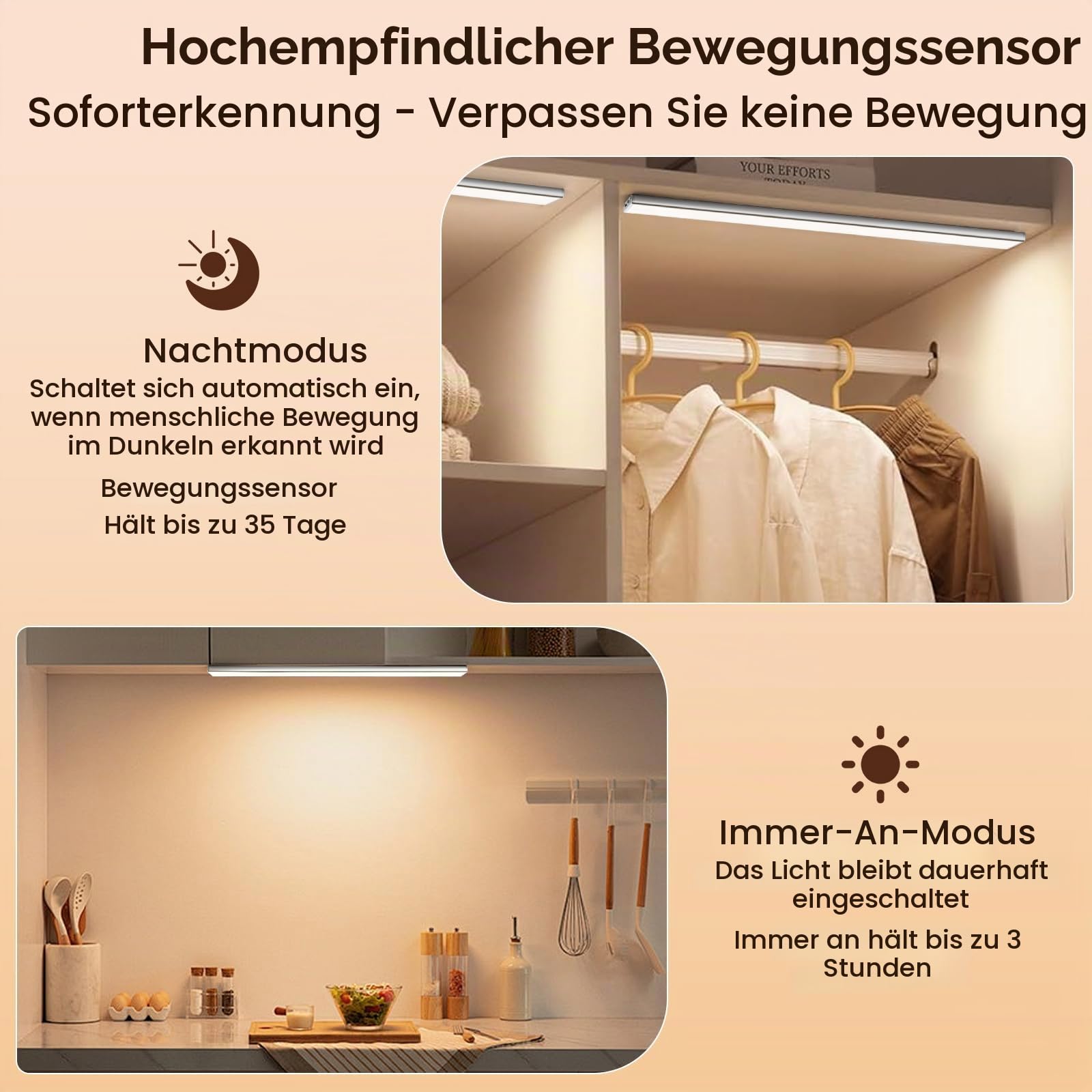 Quntis 40cm Schrankbeleuchtung Kabellos mit Bewegungsmelder 2er Set 186 LED 3 Farben Schranklicht Vollflächig Unterbauleuchte Küche Dimmbar Leiste 2500mAh Akku Unterschrank Beleuchtung Flur Bad Treppe