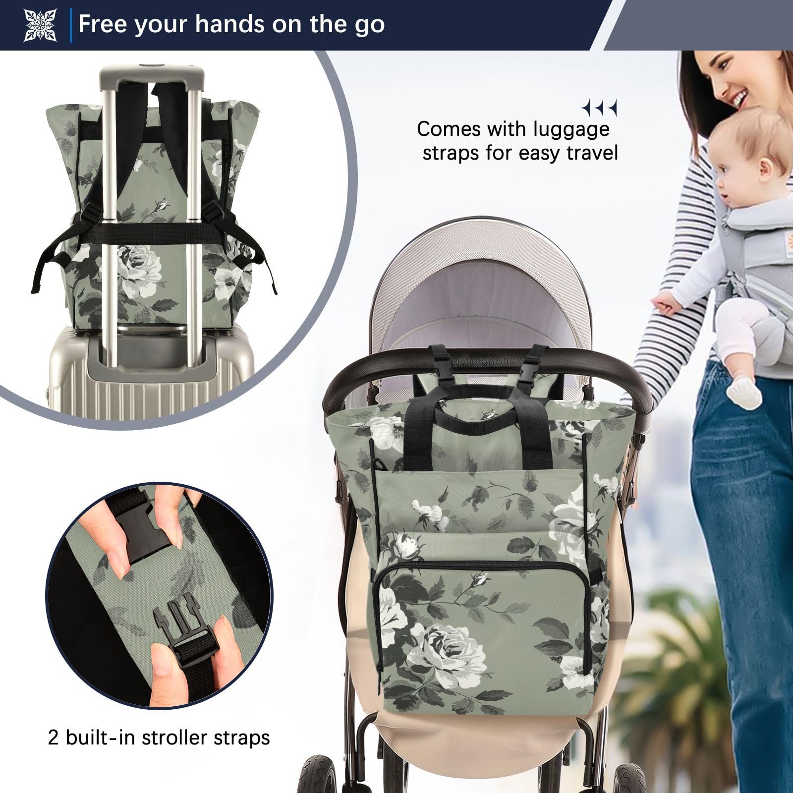 Baby Essentials torba na pieluchy vintage róże oliwkowa zieleń