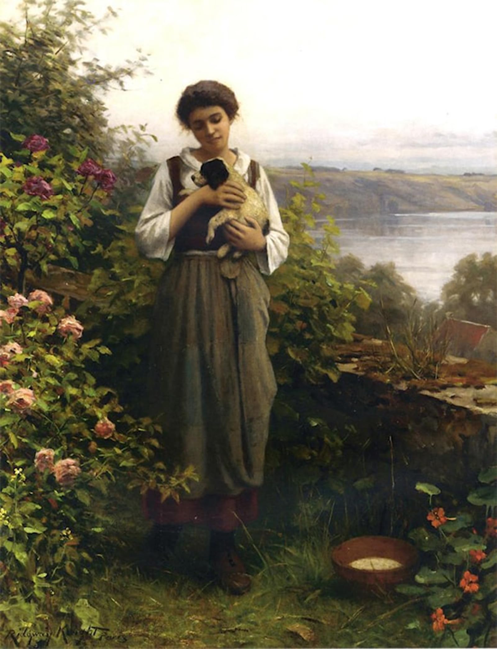 Serendipitp Girls No Frame Vintage Wall Art Canvas Nordic Poster Canvas Print Picture Young Holding A Puppy By Daniel Ridgway Knight Wall Art Poster For Home Decor 60X90cm
