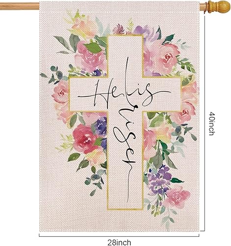 Miniatura 5 de Banderas de Pascua con texto en inglés "He is Risen" para exteriores, 28 x 40 pulgadas, bandera de casa de primavera de doble cara, cruz religiosa