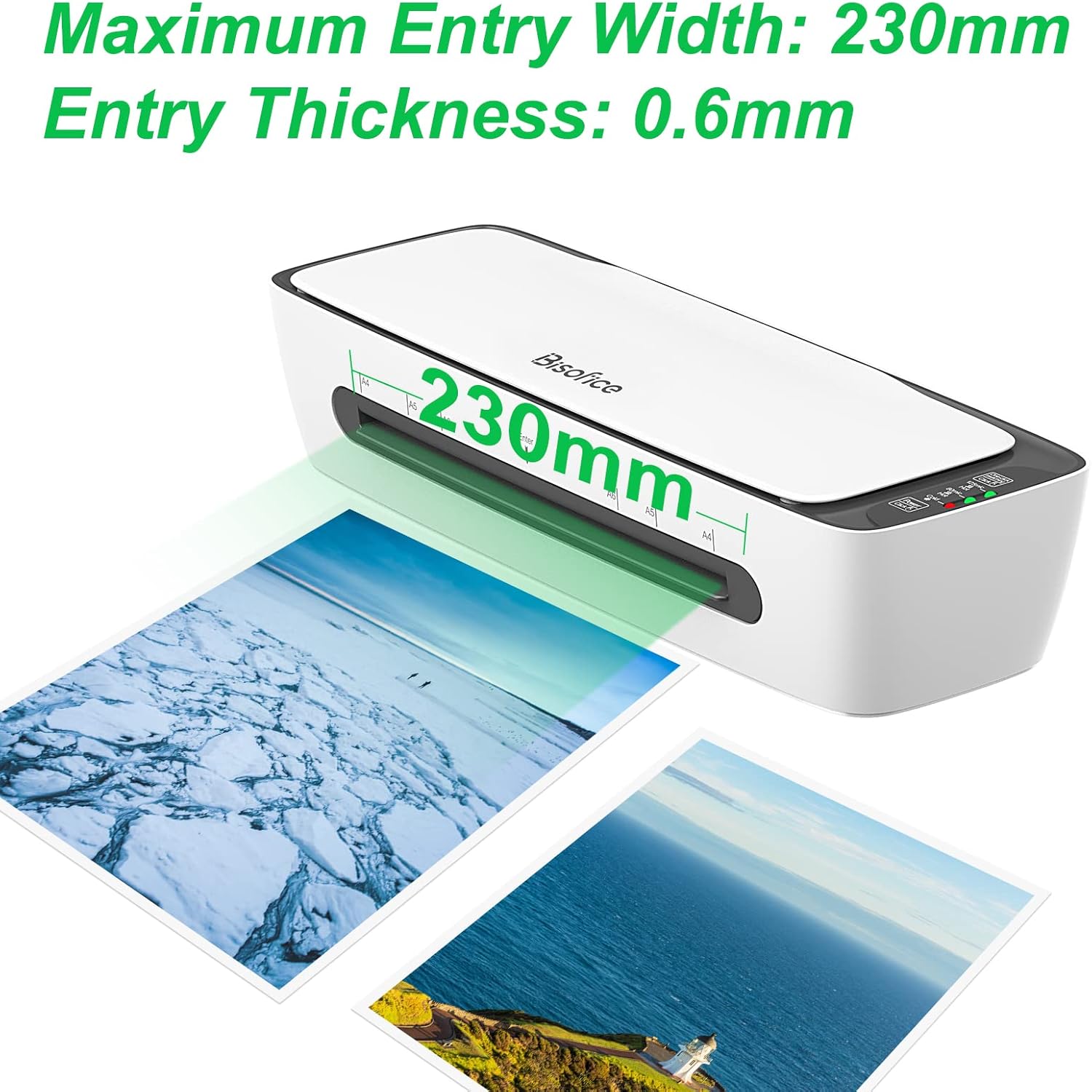 Laminator showing 230mm maximum entry width and 0.6mm entry thickness