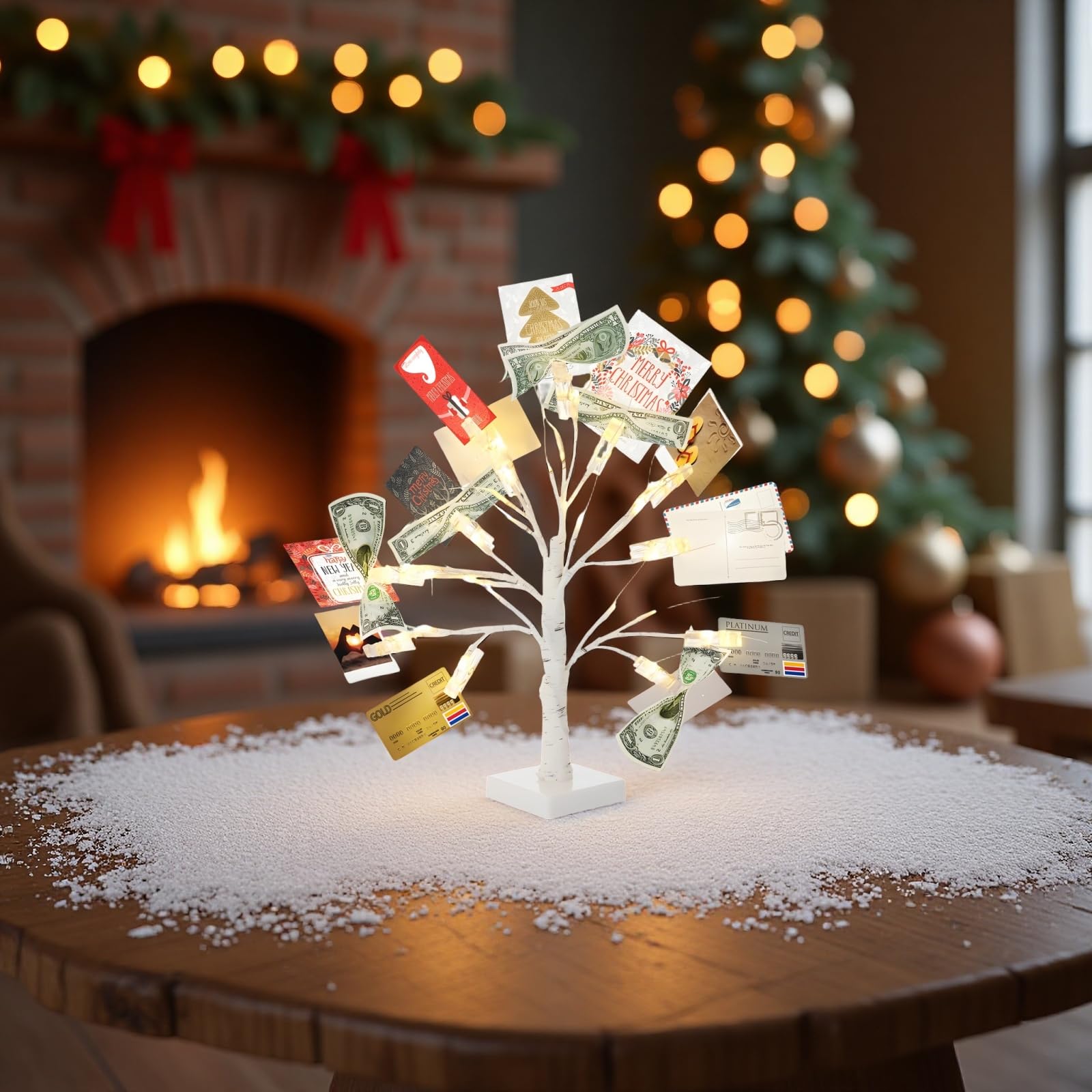 LED Geldbaum Geschenkhalter mit 12 transparenten Clips, Halter für Fotos, Bargeld und Lottoscheine, Deko für Schreibtisch und Zuhause, für Weihnachten, Notizen, Geburtstag, Hochzeit, Abschluss
