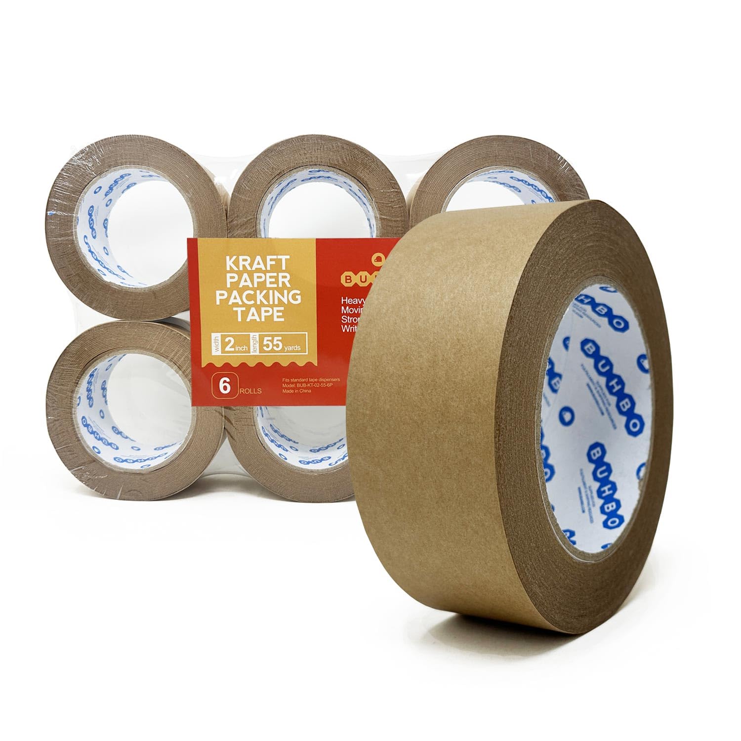 Buhbo Brown Kraft Paper Packing Tape, Heavy Duty Moving Tape for Box & Carton Shipping, Sealing, Masking Craft Tape, 2 inch x 55 Yards (6 Roll Pack)