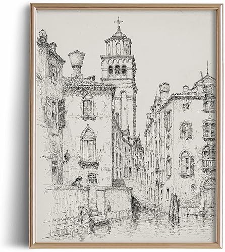 Dibujo de ciudad de edificio con imagen gris rústica, arquitectura de la ciudad, póster de grabado de río, arte de pared vintage de granja, boceto