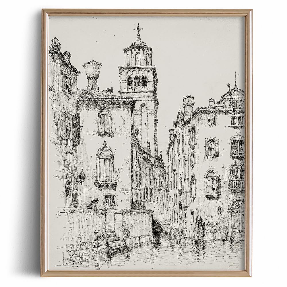 Building Town Drawing Rustic Gray Picture - City Architecture River Etching Print Poster - Vintage Farmhouse Wall Art - Grey Neutral Sketch - Minimalist Mid Century French Country Line Room Decor