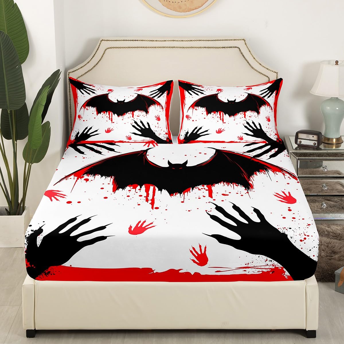 Halloween Fitted Sheet Full Size,Black Bat Fingerprint Gothic Style Soft Fabric Deep Pocket Kids Mattress Cover,Red Blood Graffiti Tie Dye Bed Cover with 2 Pillowcases (No Top Sheet)