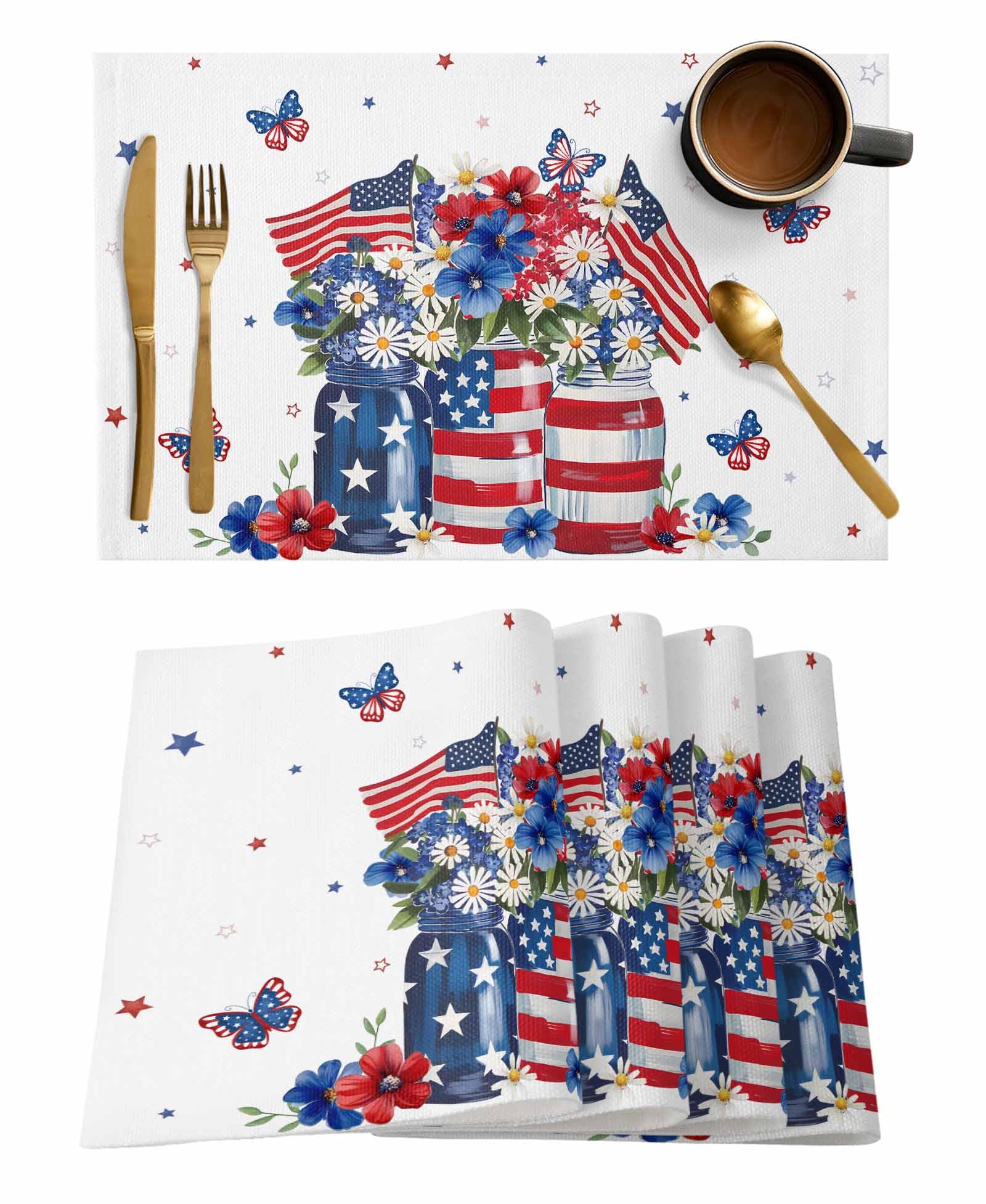 Placemats Set of 12 USA Memorial Day Place Mat Washable Kitchen Dining Table Mats American Colorful Flowers Butterfly Art Placemats for Indoor Family