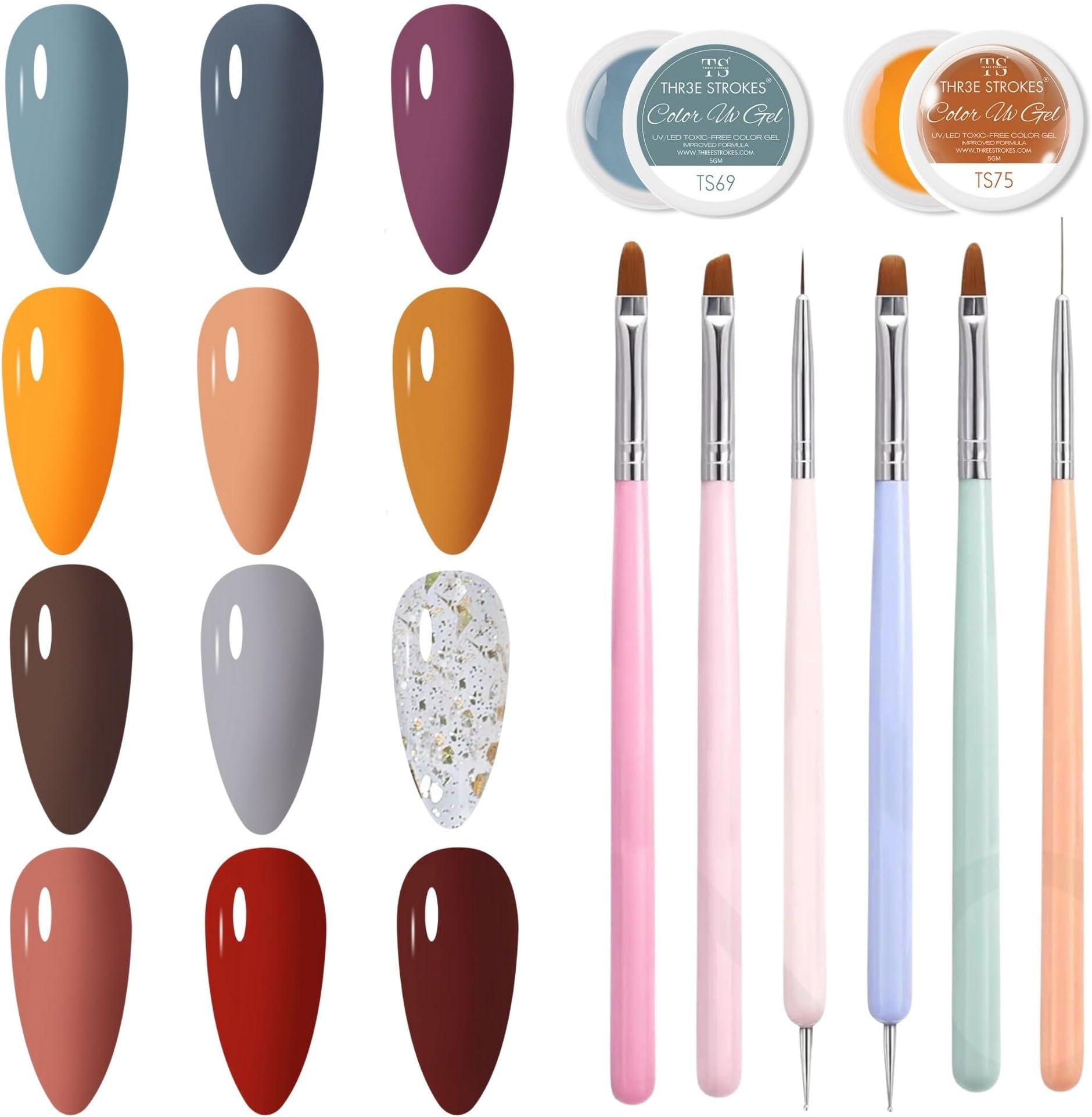 THR3E STROKES 12 Colors Painting Gel, Gel Nail Polish Kit with 6 Painting Drawing Nail Brush Pen, Soak Off UV LED Gel Polish Set, Gel Paint for Nail Art Drawing Gel Nail for Art Design (NEED UV MACHINE)(MACHIN SE SUKHENGI) 5ML (NINJA 69-80 + 6 PCS NAIL BRUSH, 5ML + 6PCS BRUSH)