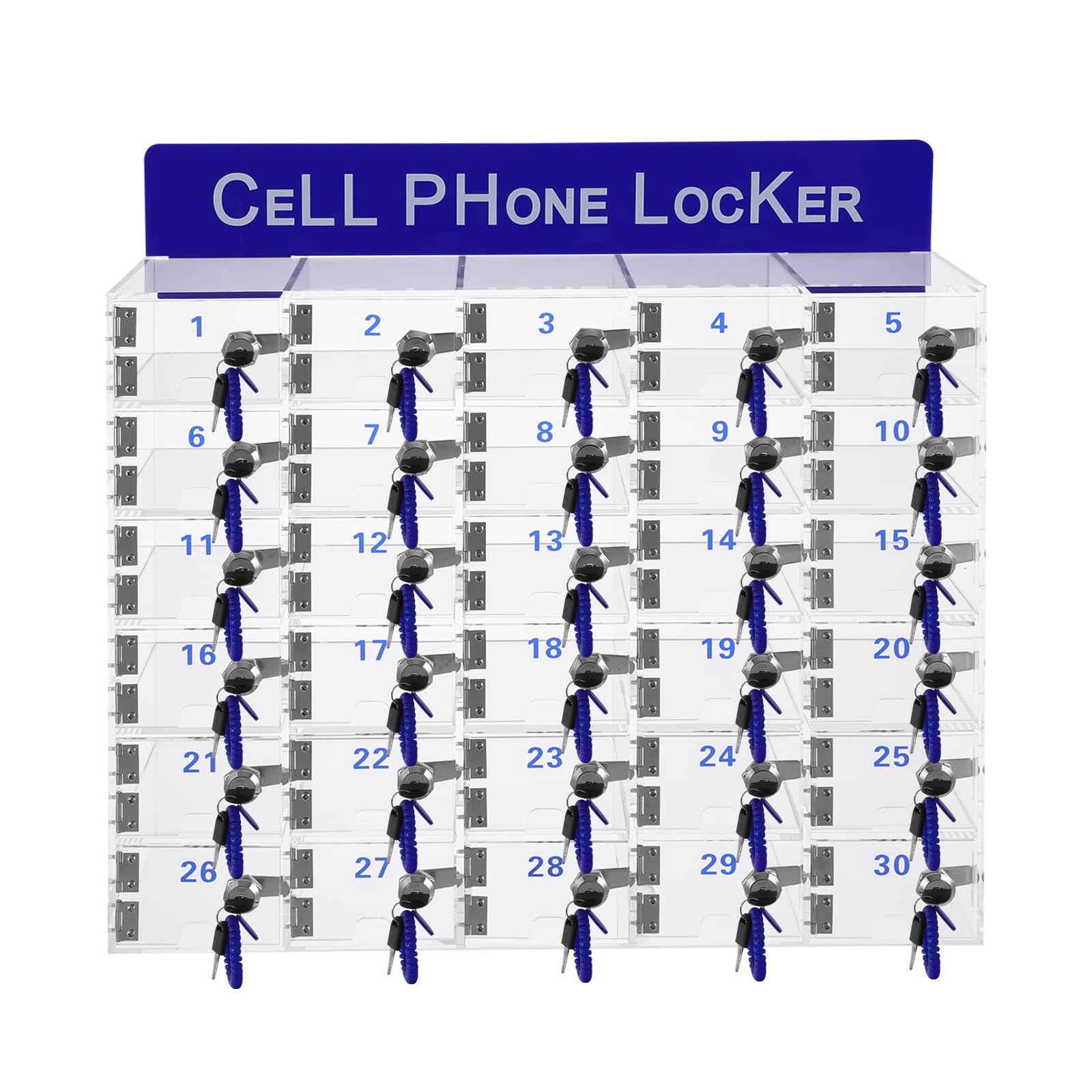 BJTDLLX Cell Phone Locker, 30 Slots Acrylic Cell Phone Locker Box with Door Locks and Keys, Wall-Mounted Acrylic Cabinet Cell Phone Storage Box for Office School Classroom Factory