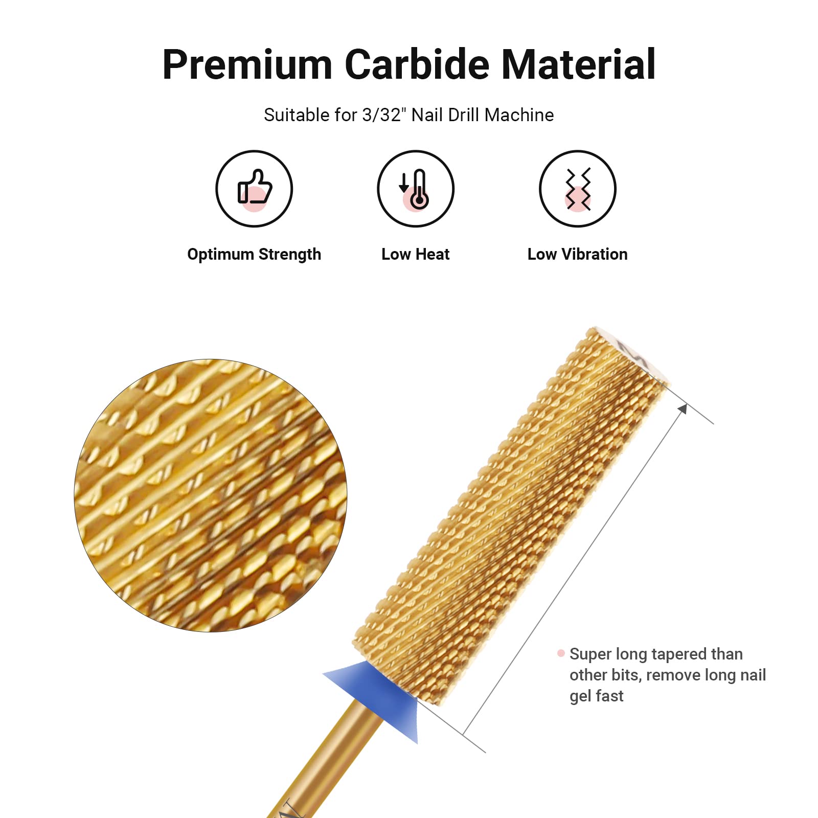 Brocas de uñas cónicas superlargas, brocas de tungsteno de carburo de 3/32 pulgadas, adecuadas para manicura, pedicura, cutícula, esmalte en gel, brocas avanzadas profesionales, doradas, 2