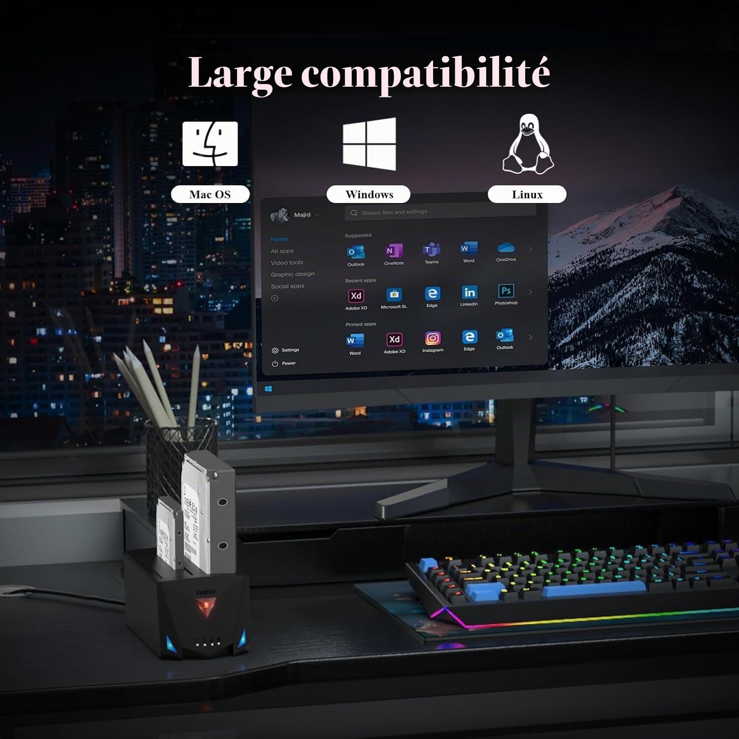 FIDECO Station d'accueil pour Disque Dur, USB 3.2 Gen 1 HDD Docking Station 2,5"/3,5" SATA HDD SSD avec câble USB A vers C et câble USB C vers C, Prend en Charge Clone Hors Ligne et UASP