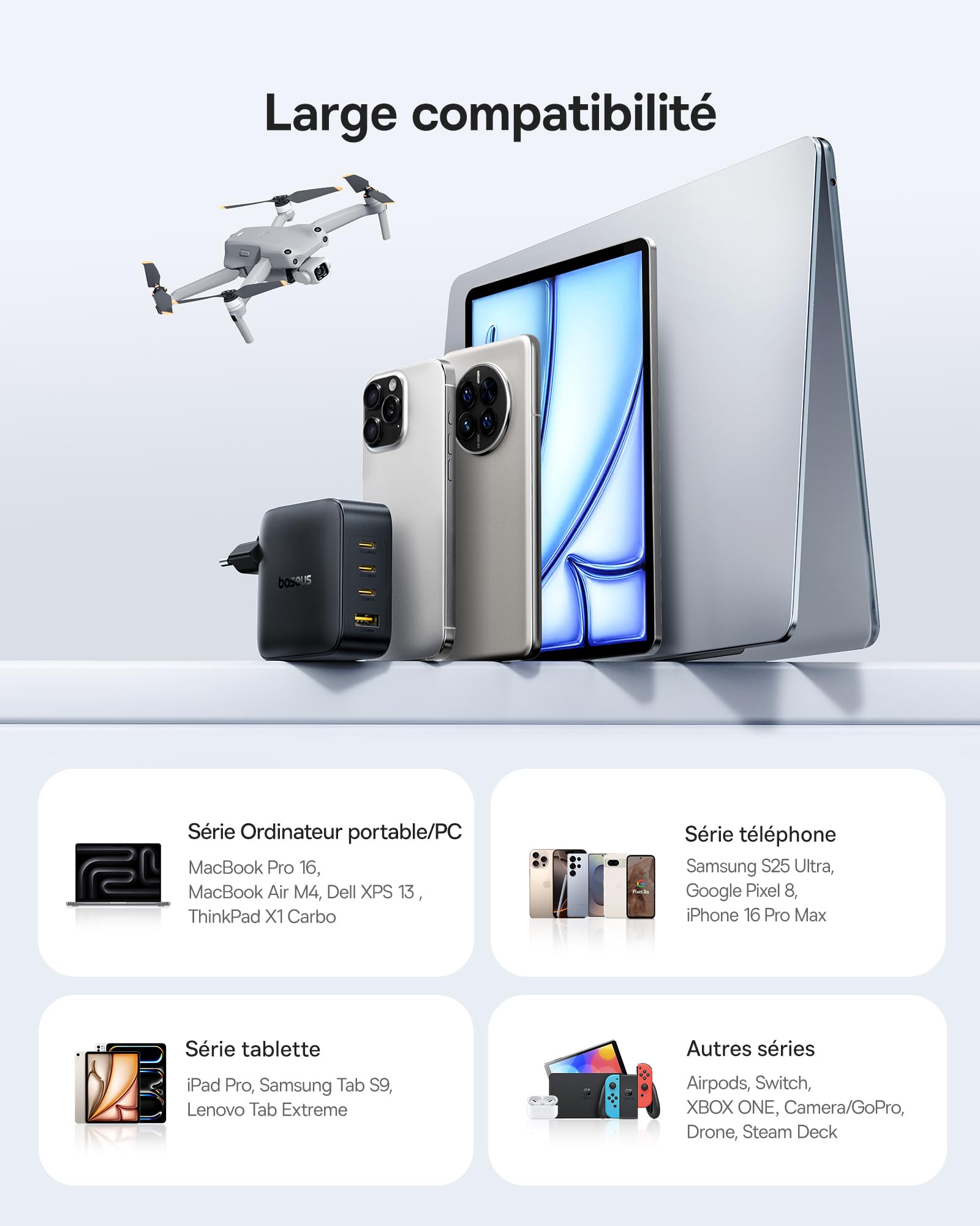 Baseus Enerfill Chargeur USB C 140 W, Bloc d'alimentation USB C à 4 Ports, Chargeur PD avec PPS, Chargeur Rapide GaN Compatible avec MacBook Pro/Air, iPhone 17/16/15/14Serie, Galaxy S25, iPad Pro