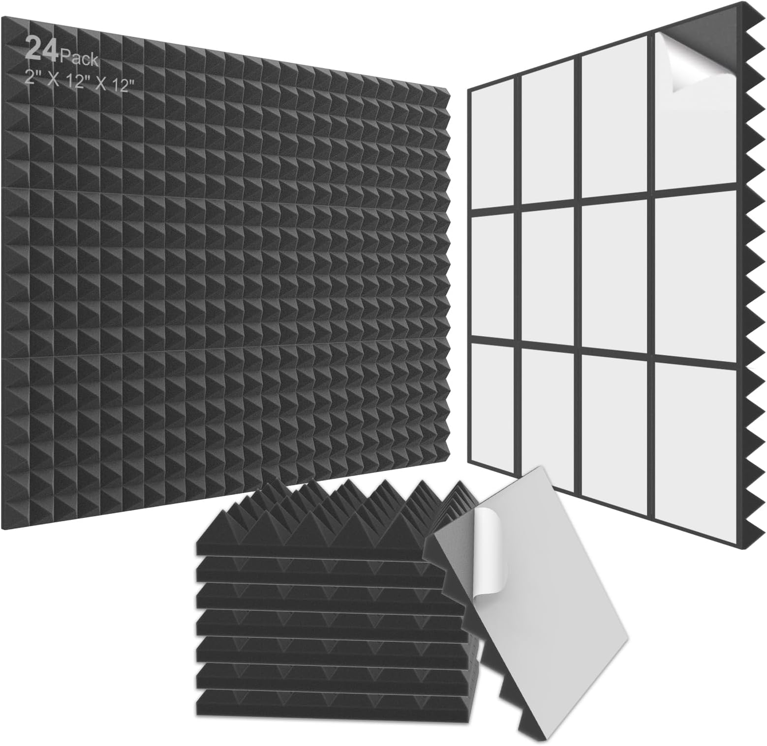 JBER 24Pack Pyramid sound proof foam panels, 2" X 12" X 12" Self-Adhesive Acoustic Wall Paddings for Home Office Studios (Black)