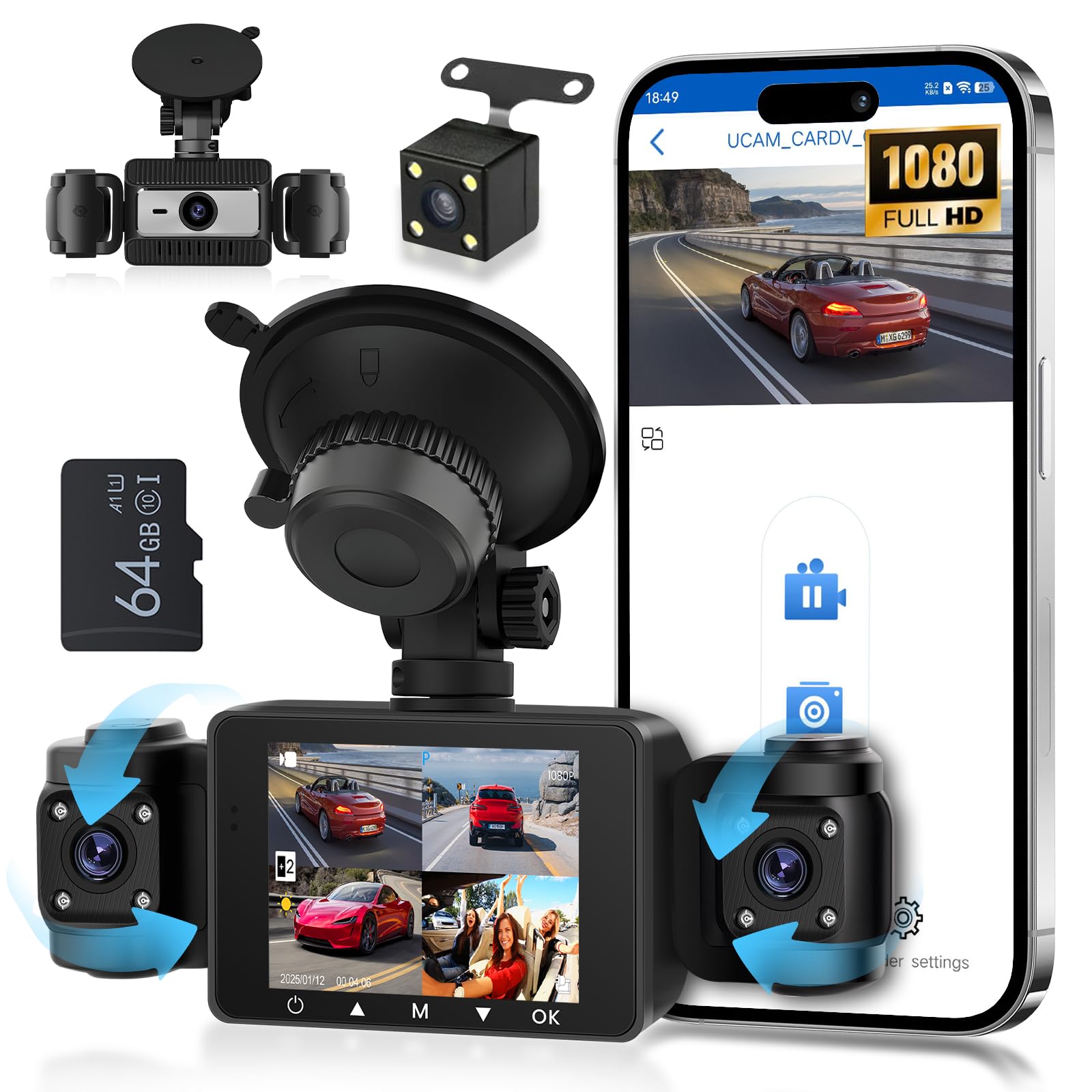 Dash Cam 360° 4 Telecamere Per Auto - Podofo HD 1080P Con Visione Notturna E Sensore G - Foto 6
