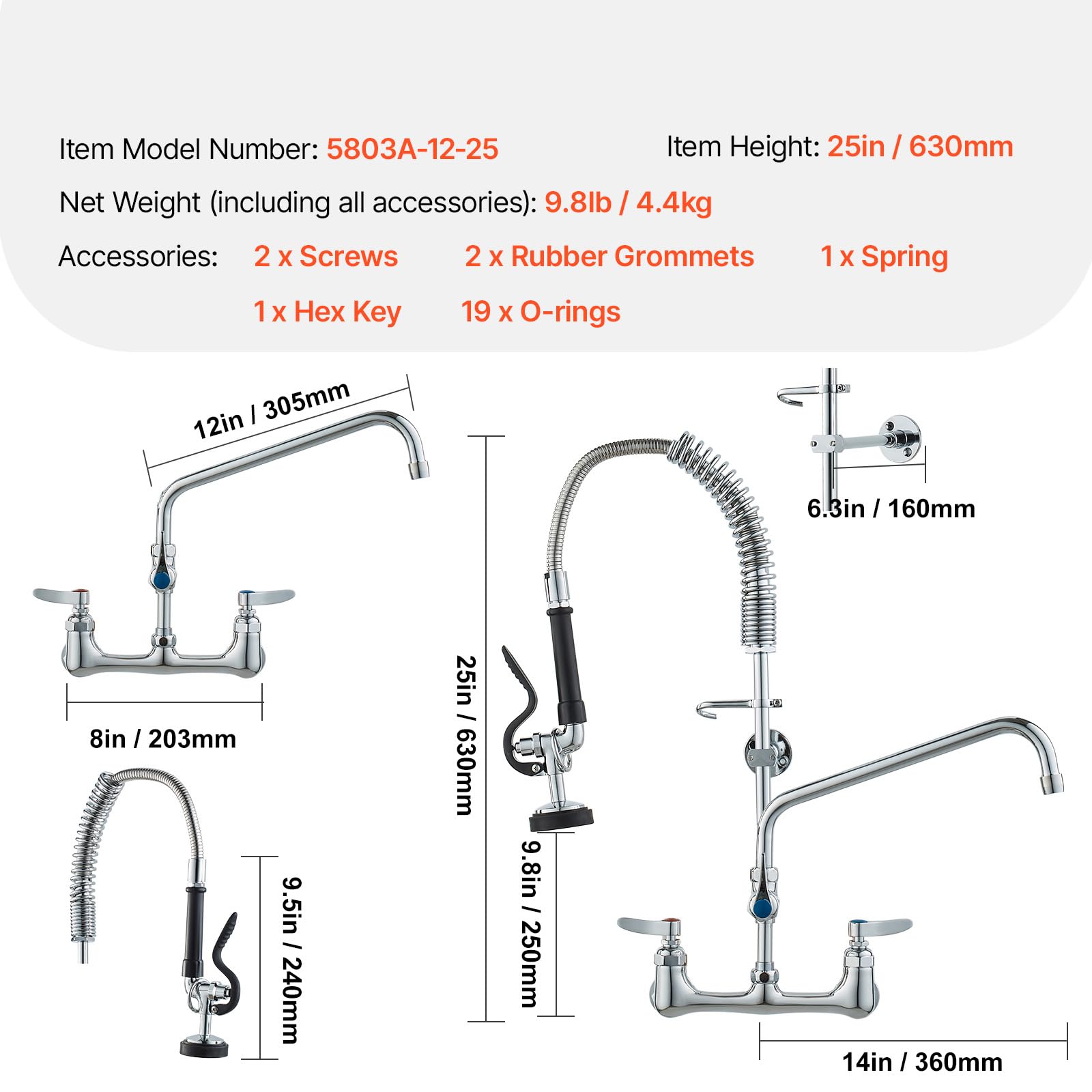 VEVOR Robinet de Cuisine Commercial avec Pulvérisateur de Pré-rinçage, Mitigeur avec Douchette Extractible, 630 mm de Haut, Entraxe 203 mm, Bec Pivotant 305 mm, Mural pour Évier 1/2/3 Compartiments