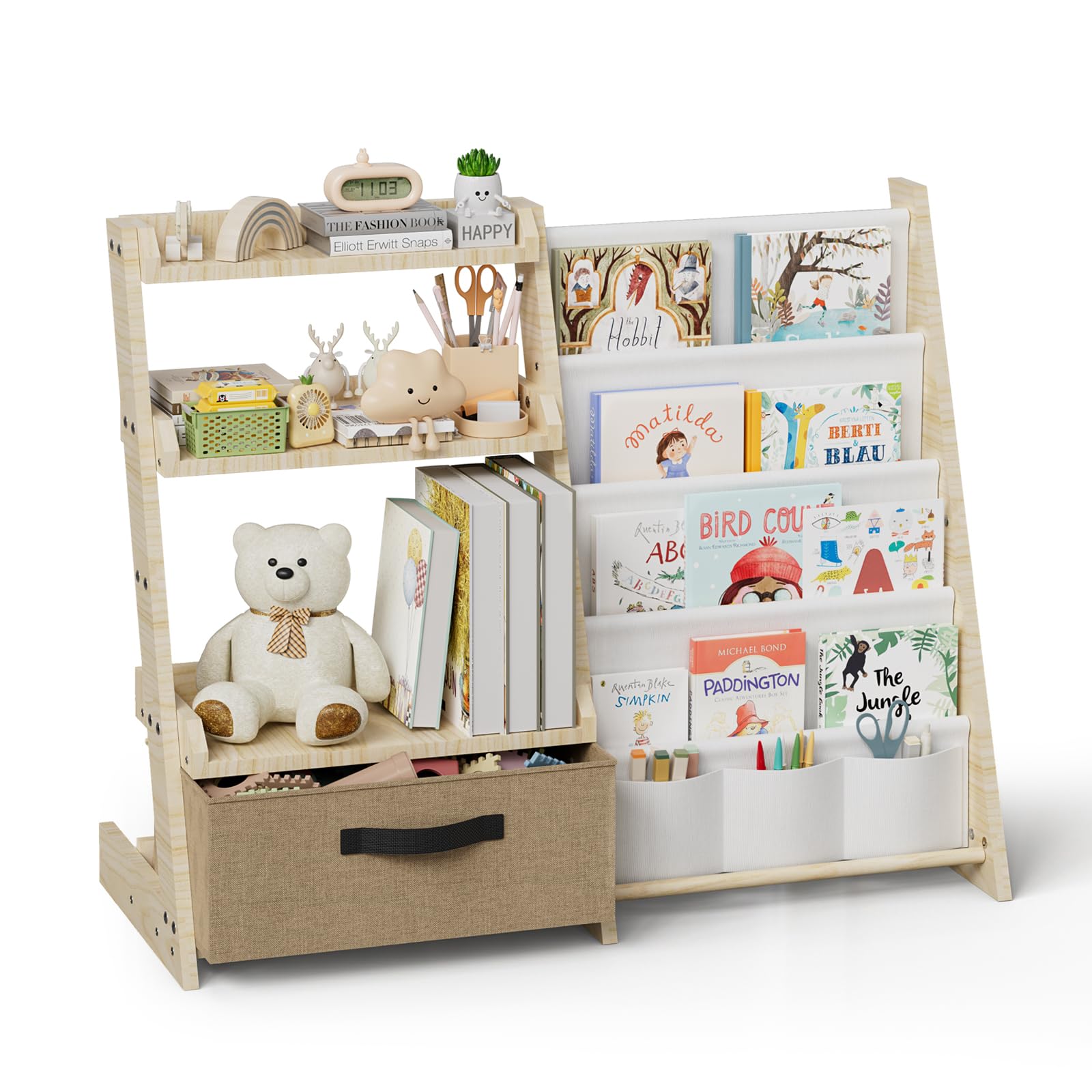 Scaffale per bambini con organizer per giocattoli 2 in 1 - Libreria in legno e tessuto con 4 scomparti, cassetto e tasche portapenne, scaffale sicuro per bambini, altezza 68 cm, per cameretta