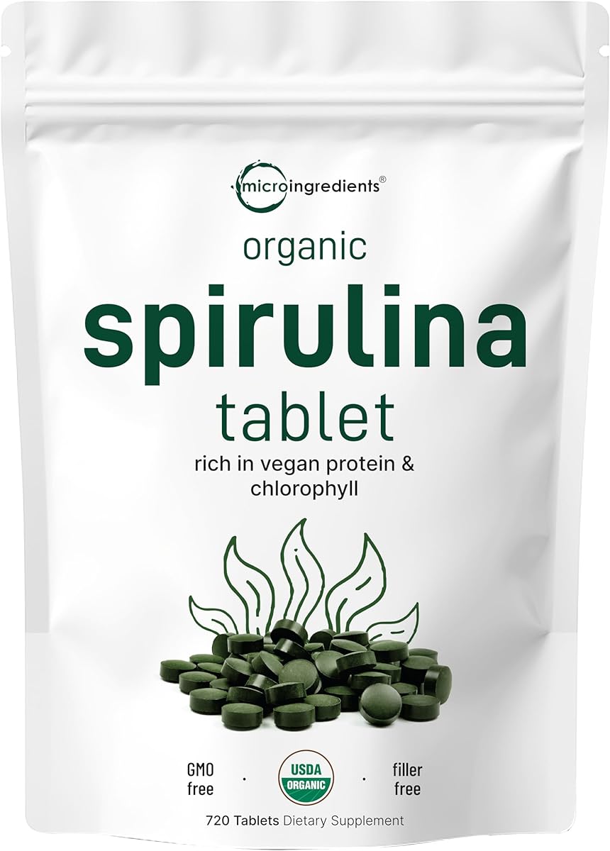 Micro Ingredients Organic Spirulina Supplement, 720 Tablets (4 Month Supply), No Filler & Non-GMO, Rich in Vegan Protein, Vitamins & Prebiotics, Premium Spirulina Pills