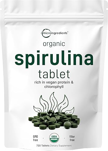 Suplemento de espirulina orgánica espirulina cruda sin relleno 3000 mg por porción 720 tabletas suministro de 4 meses rico en proteínas veganas