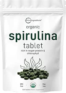 Micro Ingredients Organic Spirulina Supplement, 3000MG Per Serving, 720 Tablets (4 Month Supply), No Filler &amp; Non-GMO, Rich in Vegan Protein, Vitamins &amp; Prebiotics, Premium Spirulina Pills