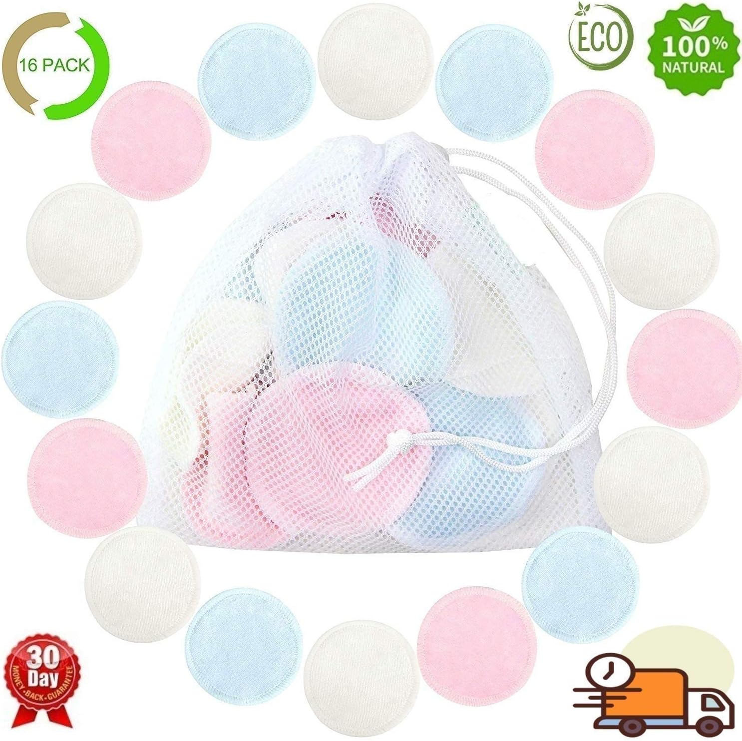 Organic Cotton Rounds Natural Cloth Wipes 16 Packs - Reusable Bamboo Makeup Remover Pads for face - Reusable Facial Pads Reusable Facial Cotton Rounds with Laundry Bag (Bamboo Velour)