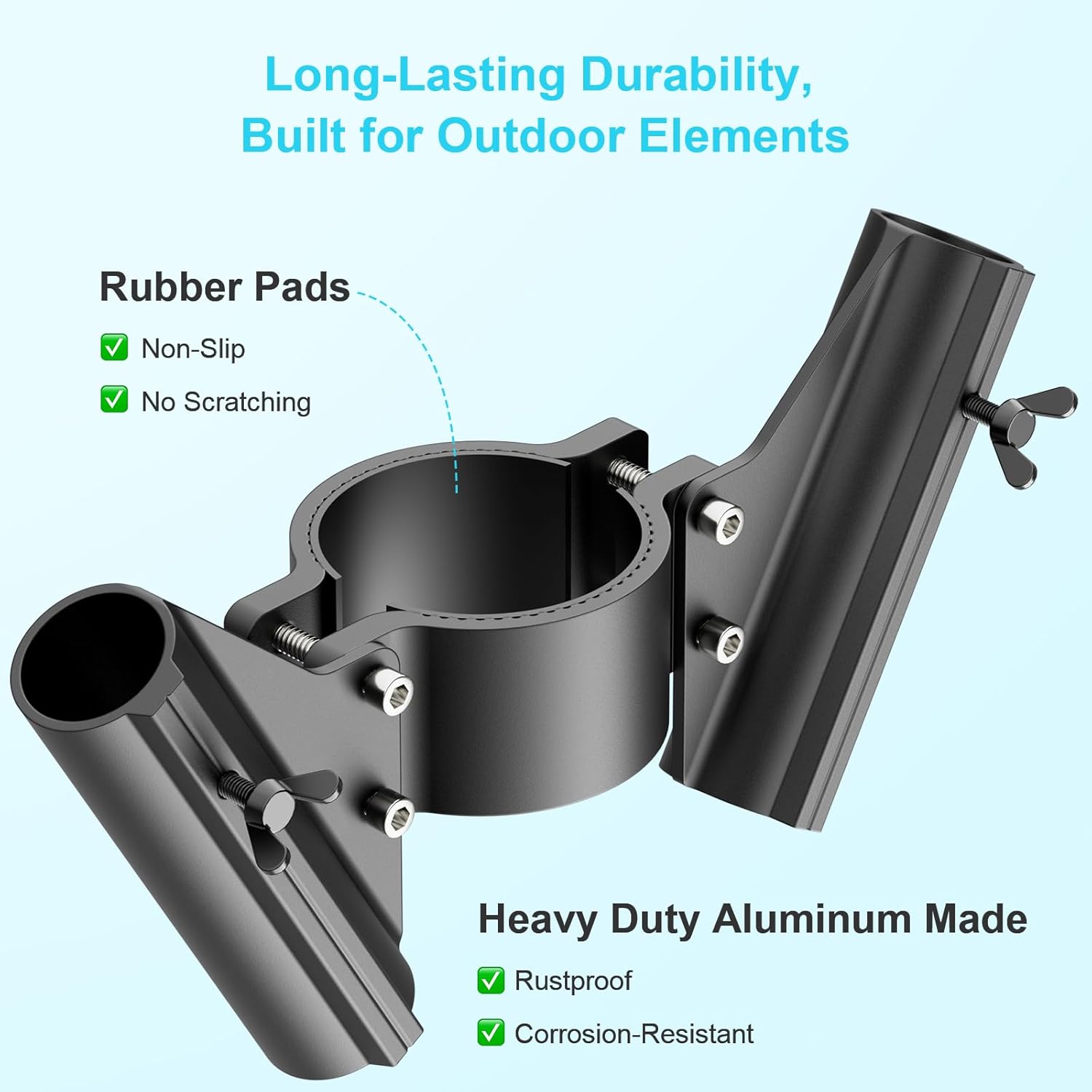 RV Dual Flag Pole Mount for 2" and 2¼" Tongue Jack, Heavy Duty Aluminum Camper Flagpole Holder Fit Double 1" Flag Pole Bracket, RV Trailer Essentials with Quick Lock Wing Screws, Drain Holes