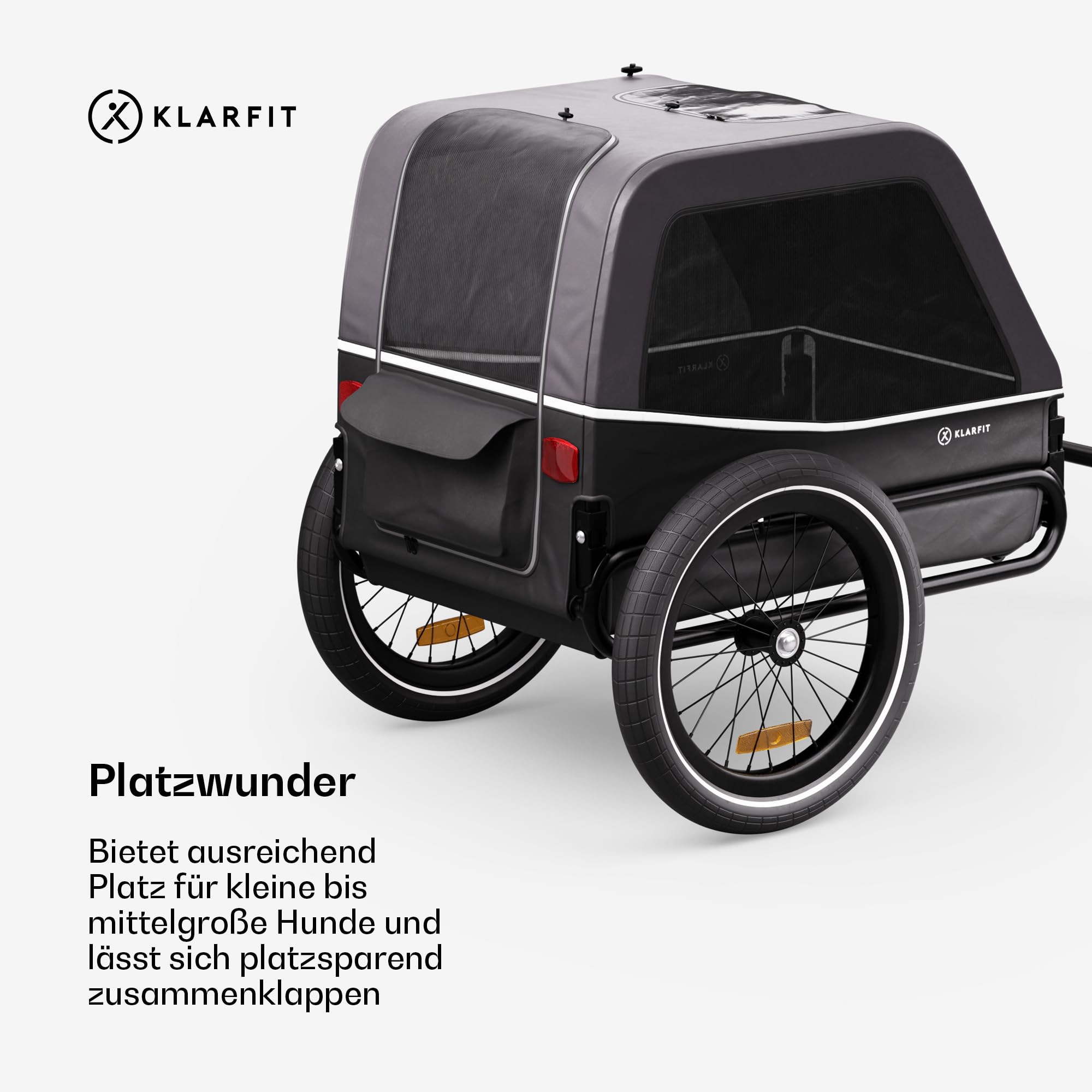Klarfit Goldie S Hundefahrradanhänger, klappbar, mit Leine, wasserabweisend, doppelte Sicherheit, Reflektoren & Regenschutz, max. 28kg, dunkelgrau