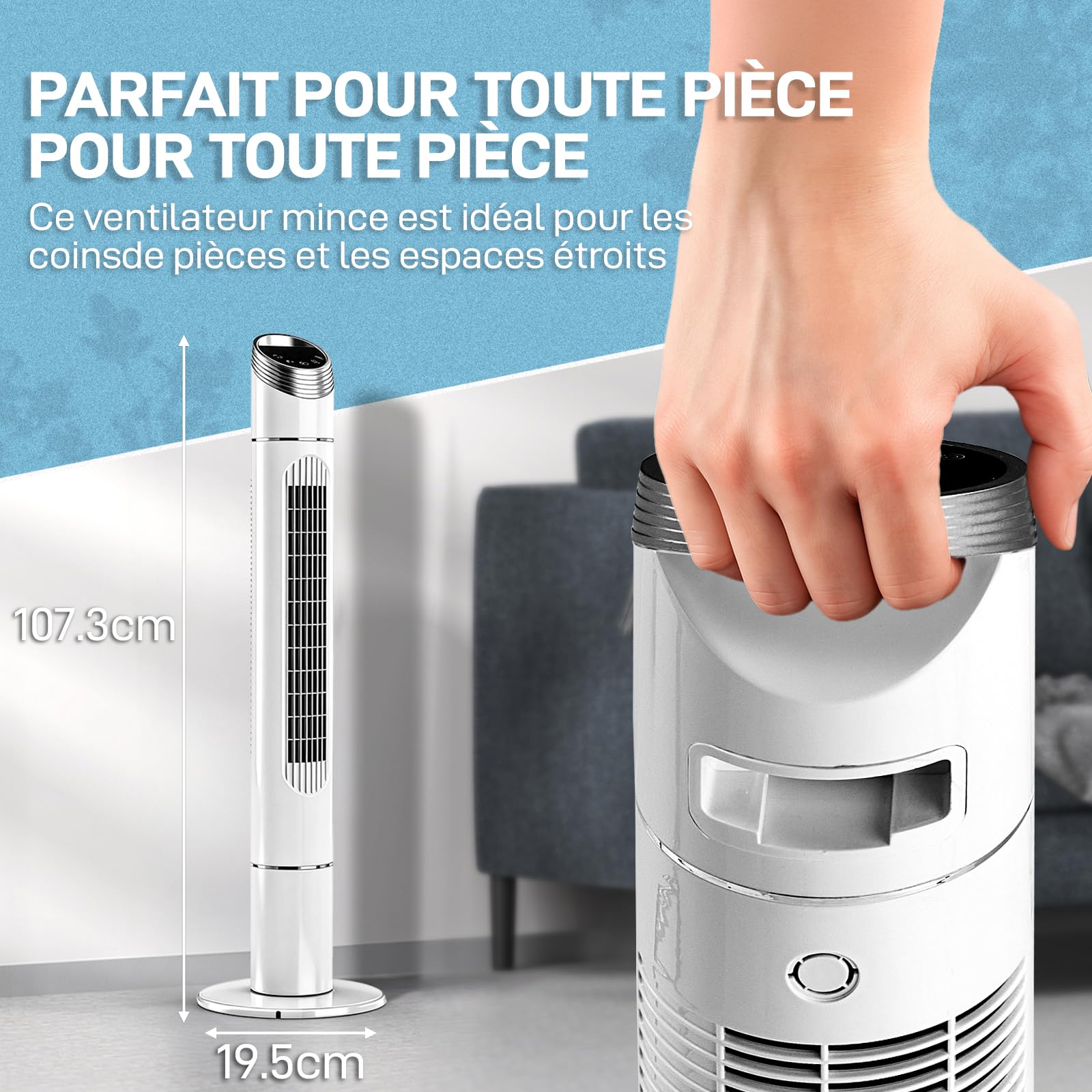 LEADZM Ventilateur Colonne 90W Tour Oscillant 107 cm avec Angle de 80 Degrés,3 Vitesses, commande soft touch,minuterie 12h,silencieux, poignée, base stable (blanc)