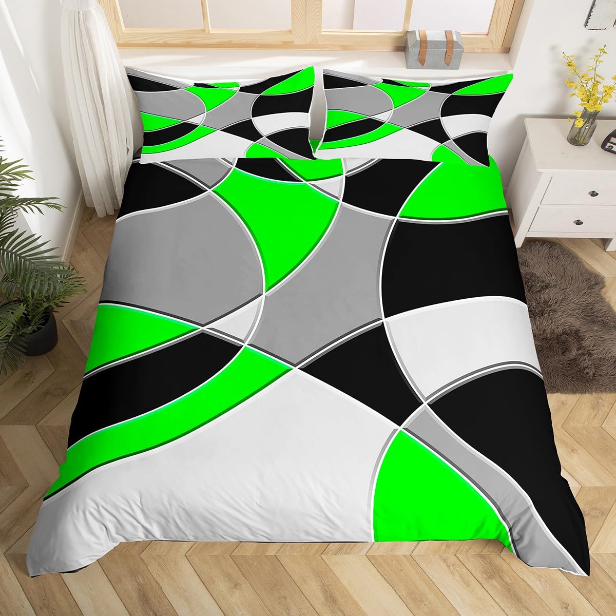 Retro Circle Bedding Set Green Grey Black for Girls Circle Geometric Comforter Cover Abstract Art Abstract Geometric Bedspread Cover Breathable Decor 2Pcs Single — image 1