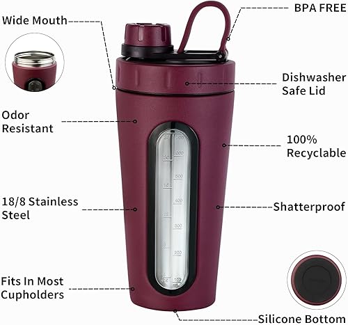 Miniatura 5 de TOOFEEL Botella mezcladora de proteínas de 28 onzas  Vasos agitadores de acero inoxidable para mezclas de proteínas, no se mantiene fríacaliente,