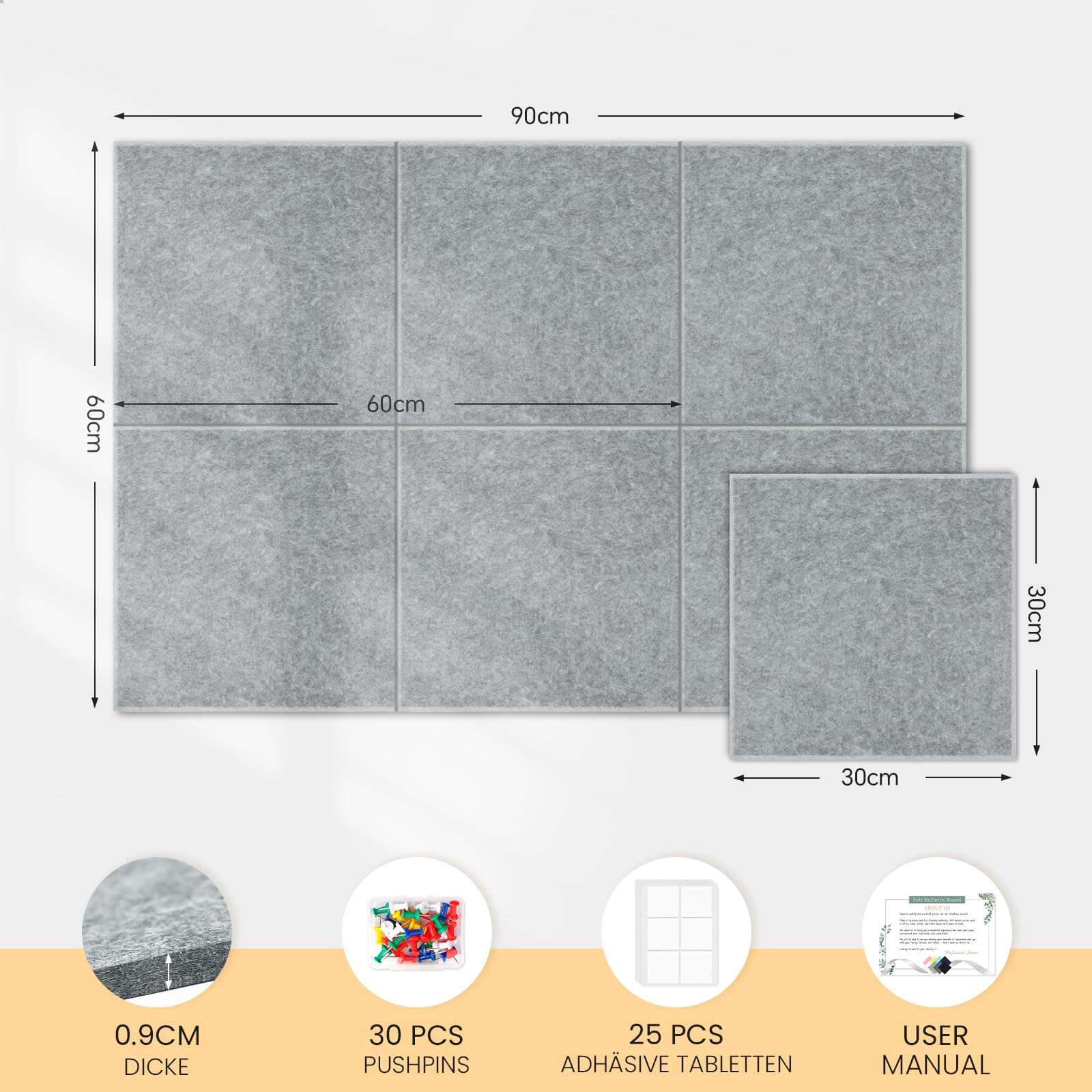 Lot de 6 tableaux d'affichage en feutre autocollant 90 x 60 cm gris clair avec 30 punaises