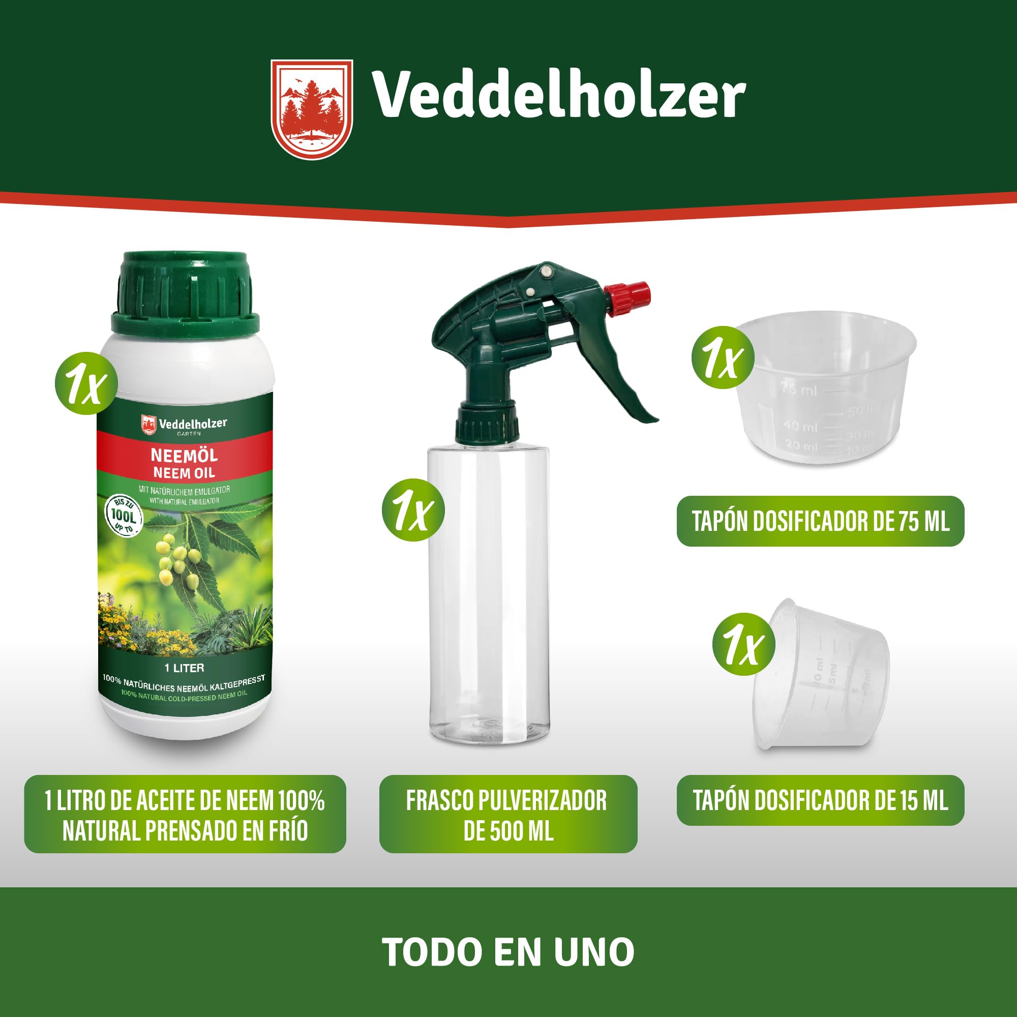 Veddelholzer 1000 ml Premium aceite de Neem 100% natural prensado en frío Set completo con emulsionante natural + pulverizador 500 ml y 2 medidores Cuidado natural de plantas para interior y exterior