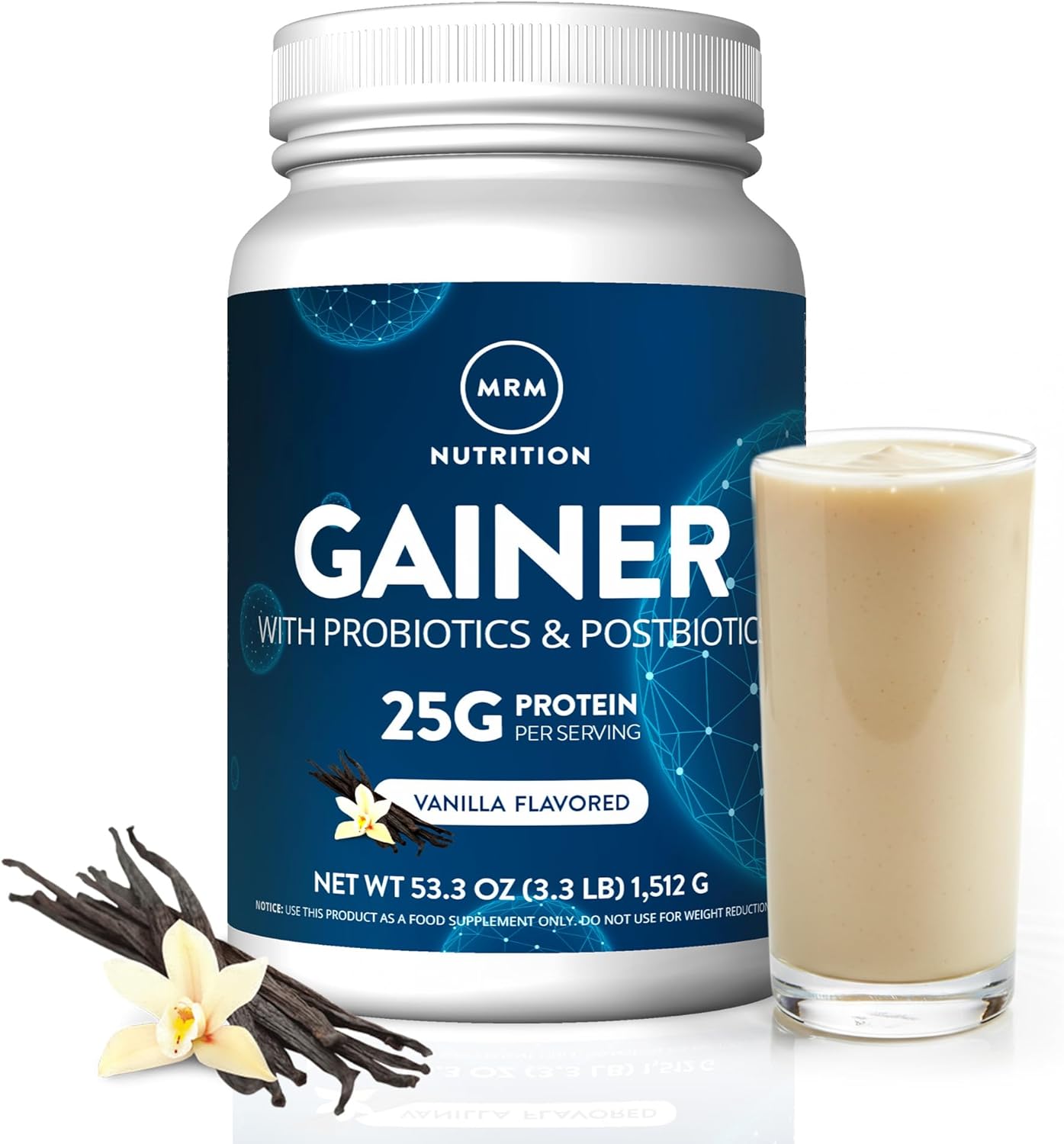 MRM Nutrition Gainer Protein with Probiotics & Postbiotics - Vanilla Flavored for Men & Women, 25g of Whey Protein Concentrate & Isolate, Micellar Casein, & Digestive Enzymes - 18 Servings