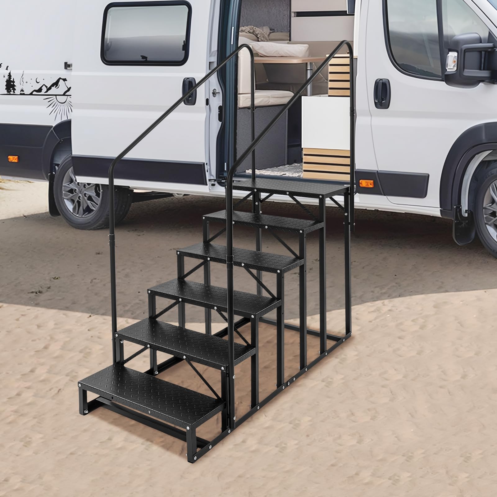 Escalera de 6 peldaños para autocaravana, acero al carbono, escalones para autocaravanas con pasamanos, escalera de piscina, escalera antideslizante para mascotas para caravanas, remolques, camping