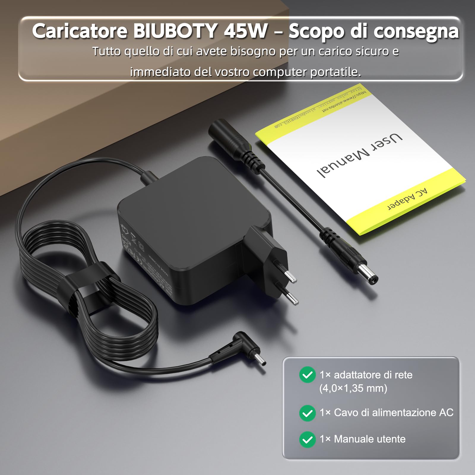 BIUBOTY Caricatore 45W Portatile 19V 2.37A Compatible con Asus Vivobook 14 15 Zenbook UX330 UX330U UX360 UX360C UX305 Q504U Q504UA Q302 Q302L Q302LA Notebook Alimentatore Caricabatteria 4.0 x 1.35mm