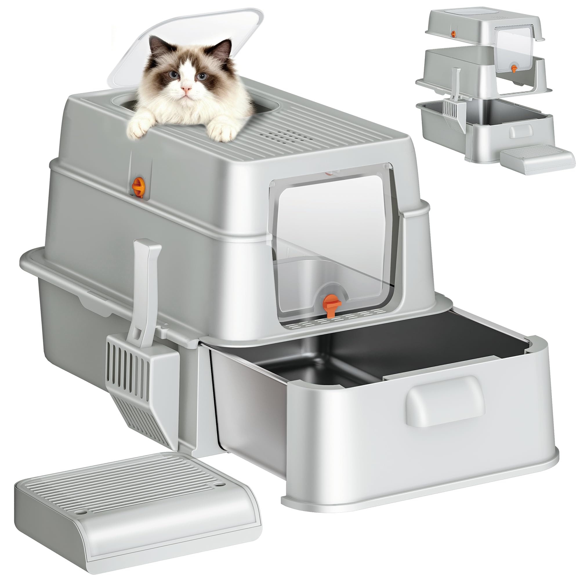 Fobyfurny Stainless Steel Cat Litter Tray with Drawer & Lid, XXL Covered Metal Cat Litter Box with Pedal and Scoop, Odor Control, Easy to Clean, Two Entrances, 65 x 44 x 40 cm, Light Grey, FPLB201SG1