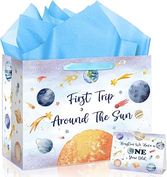 Woosytoo Outer Space 1st Birthday Gift Bag First Trip Around The Sun Gift Bag with Card Tissue Paper Galaxy Planet Theme Wrapping Paper Bag for Baby Boys First Birthday Baby Shower Party Favors
