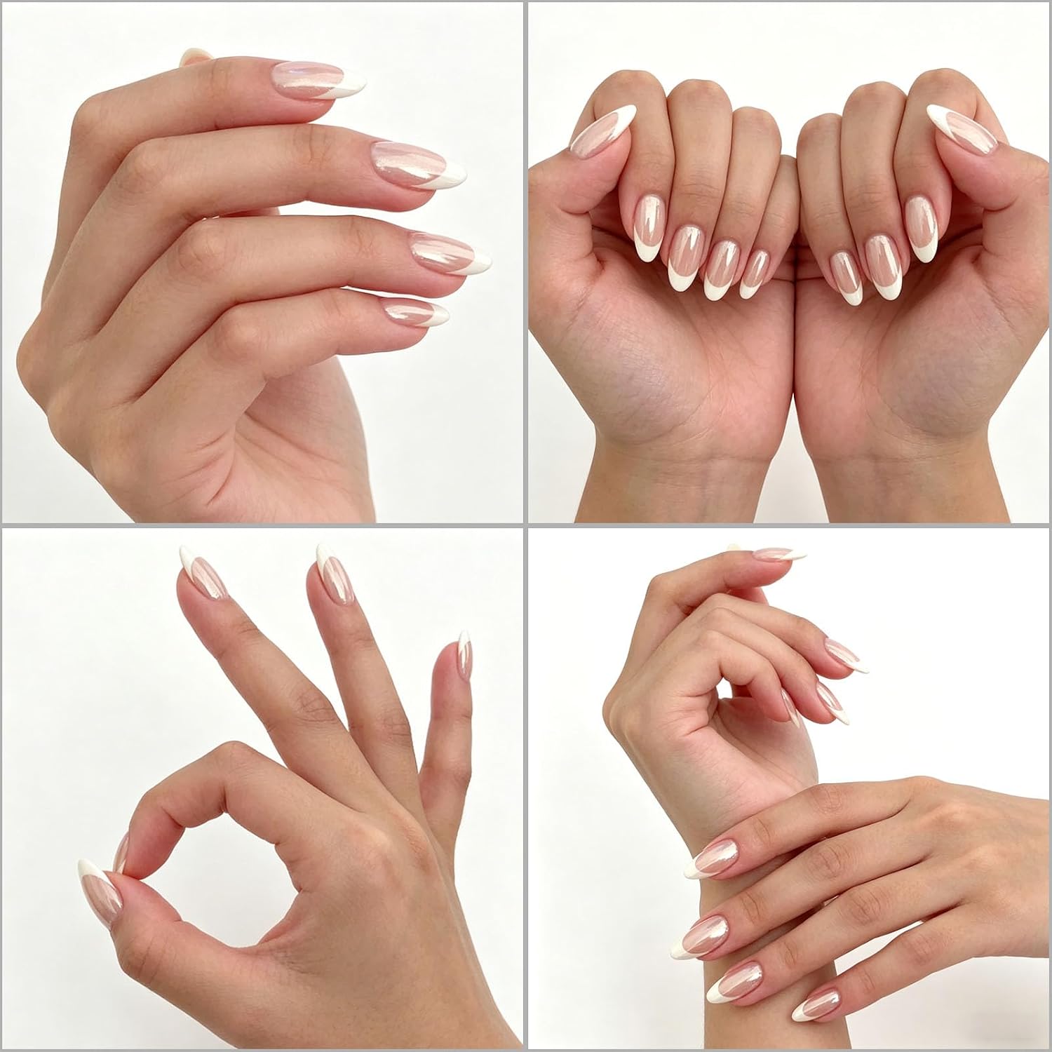 30Pcs Chrome Press on Nails White French Tip Glue on Nails Almond Short Fake Nail Press ons, Manicure Kit with Glossy Designs Nude Artificial False Nail for Women Girl Gift