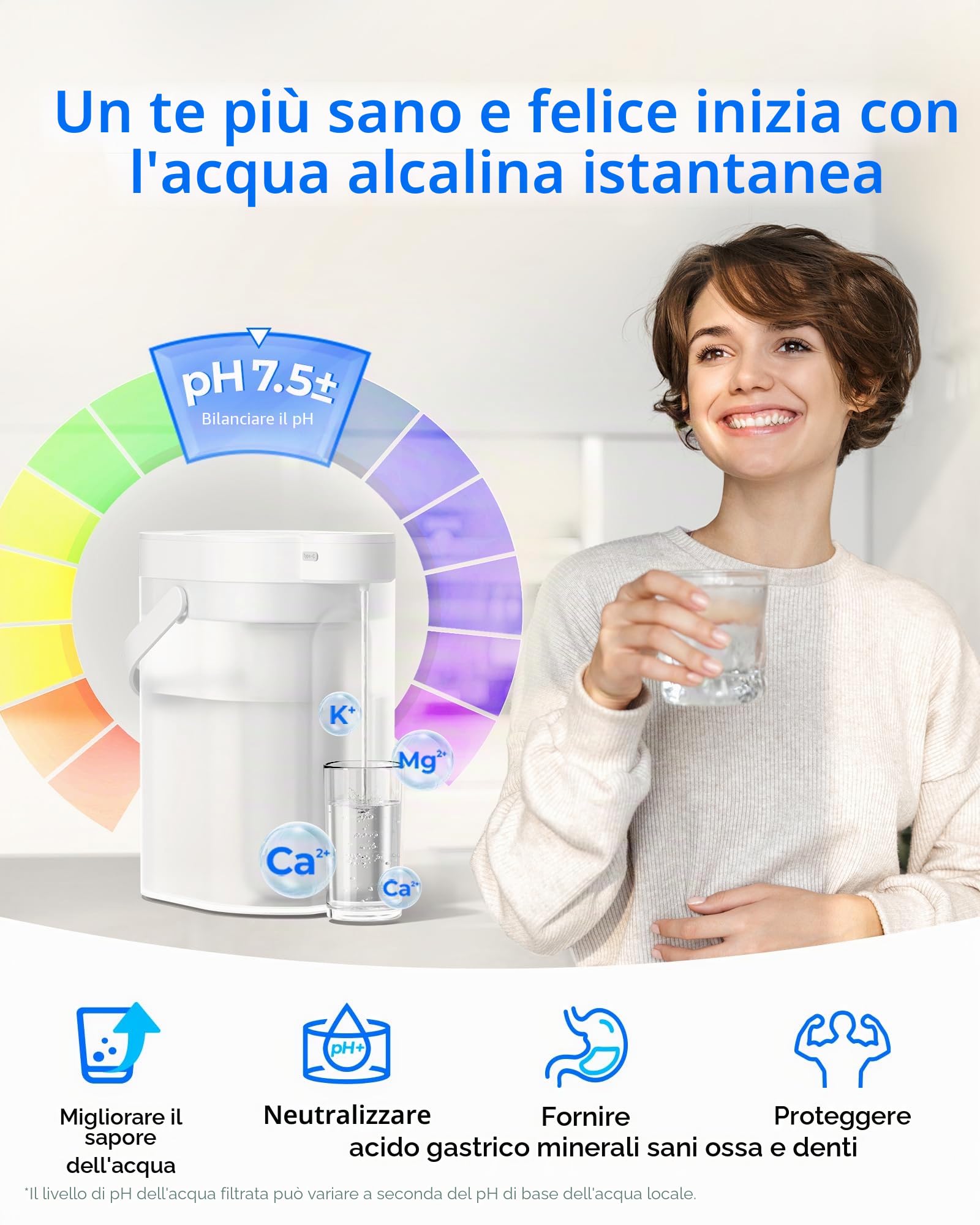 Waterdrop Filtro dell'acqua alcalina, ricaricabile, 3,5 l, 6 livelli, brocca d'acqua istantanea elettrica, acqua alcalina mineralizzata, filtro dell'acqua portatile, riduce TDS