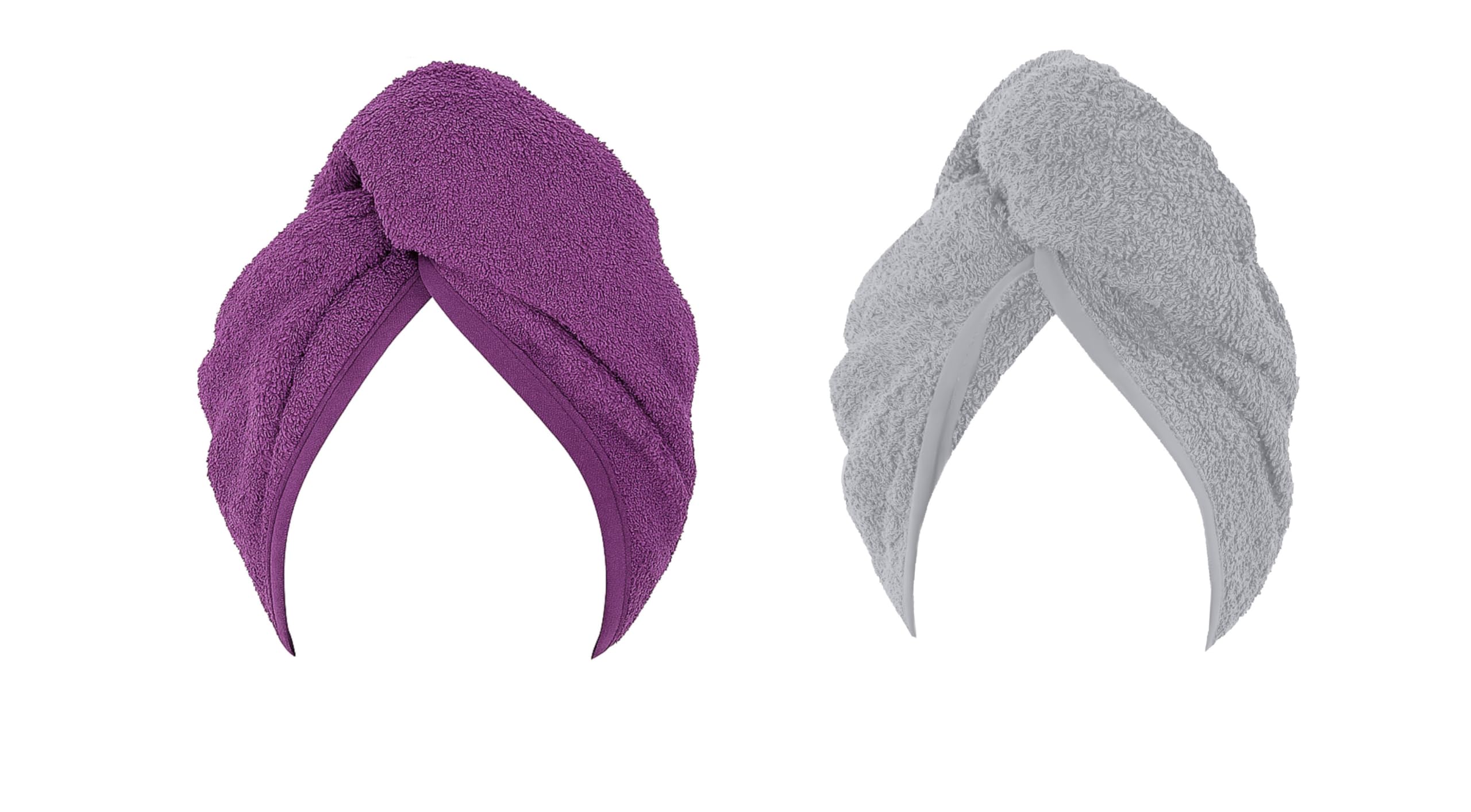 Kam Labelz 1Grey & 1Purple Pack Of 2 Hair Drying Cotton Soft Terry Towel Turban| Quick Dry Hair Cap, Twist Wrap With Loop & Button|Spa Gym Fizz Free Long Hair Drying (1Grey & 1Purple)