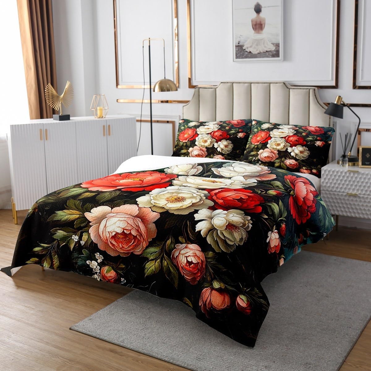 Erosebridal Bee Flowers Coverlet Set King Size Vintage 3D Bedspread for Adults Women Girls Hand Drawn Dark College Wildlife Quilted Coverlet Rustic Botanical Mysterious Nature Quilted