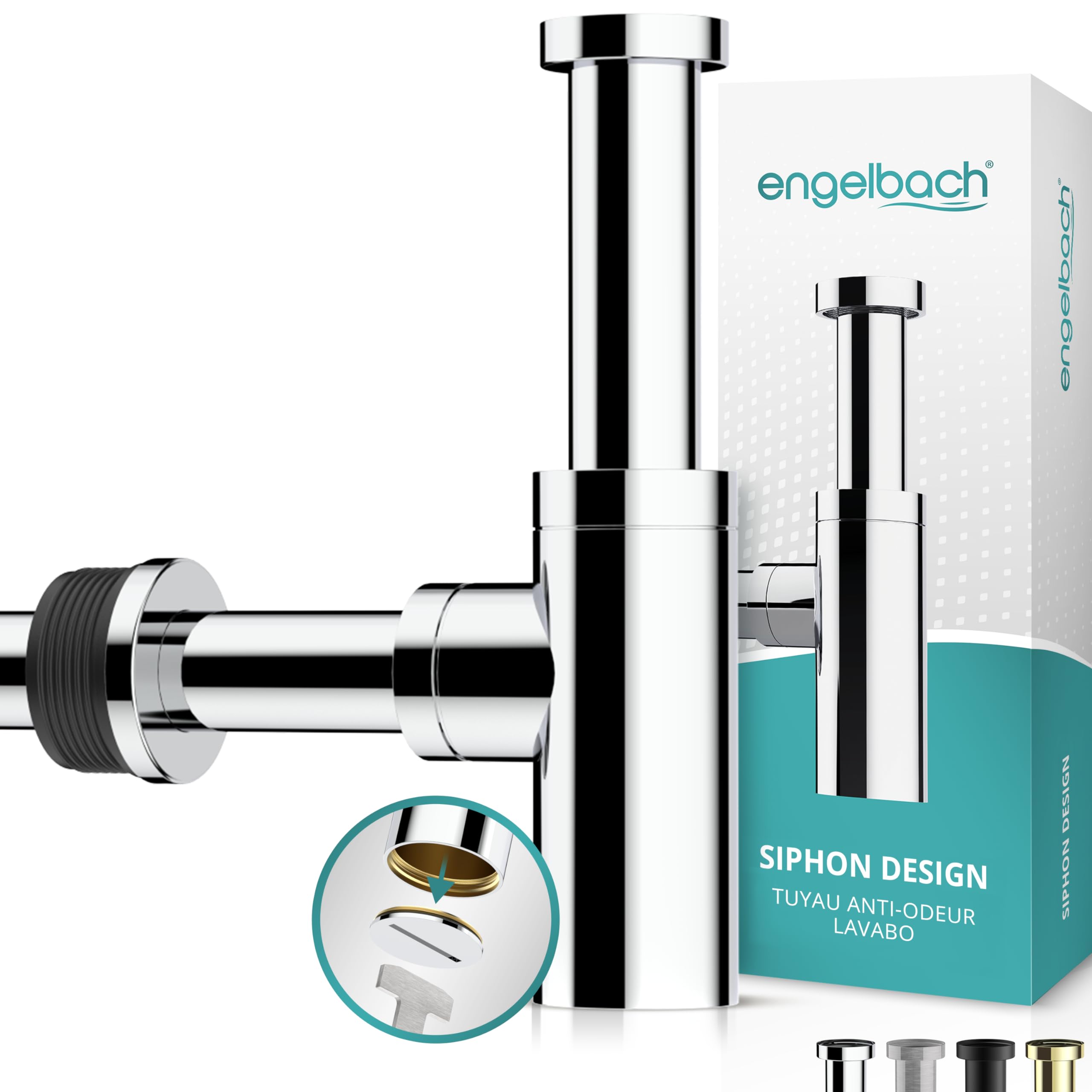 Engelbach® Siphon design lavabo salle de bain - 1 1/4 x 32 mm réglable avec ouverture de nettoyage - modèle universel avec manchette en caoutchouc anti-odeur