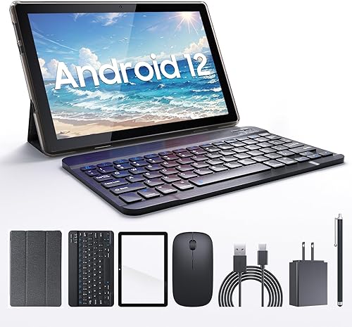 JKNV10 Tablet Android 12 de 10.1 pulgadas, juego plateado, 32 GB ROM, cámara frontal y trasera de 8 MP de 2 MP, batería de 6000 mAh, teclado 2 en 1
