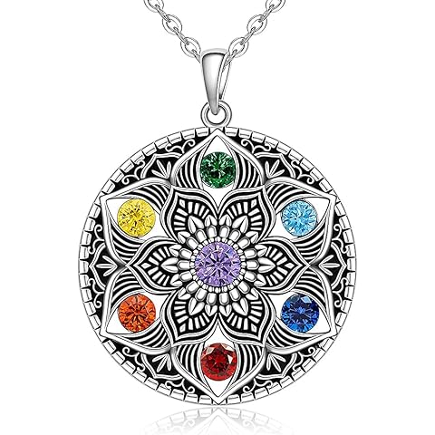 Fenthring Mandala Chakra Necklace for Women Sterling Silver Yoga Lotus Flower Necklace Pendant 7 Chakra Gifts