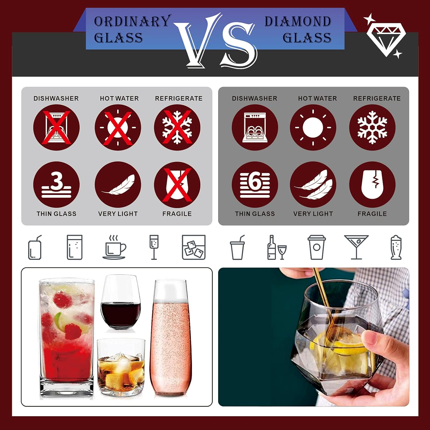 stemless glass wine glasses for whiskey cocktail wine Bourbon Brandy, glass tumblers & water glasses for Water, tea, juice, milk, coffee, milkshake, 10 oz 300 ml (black) - Image 4