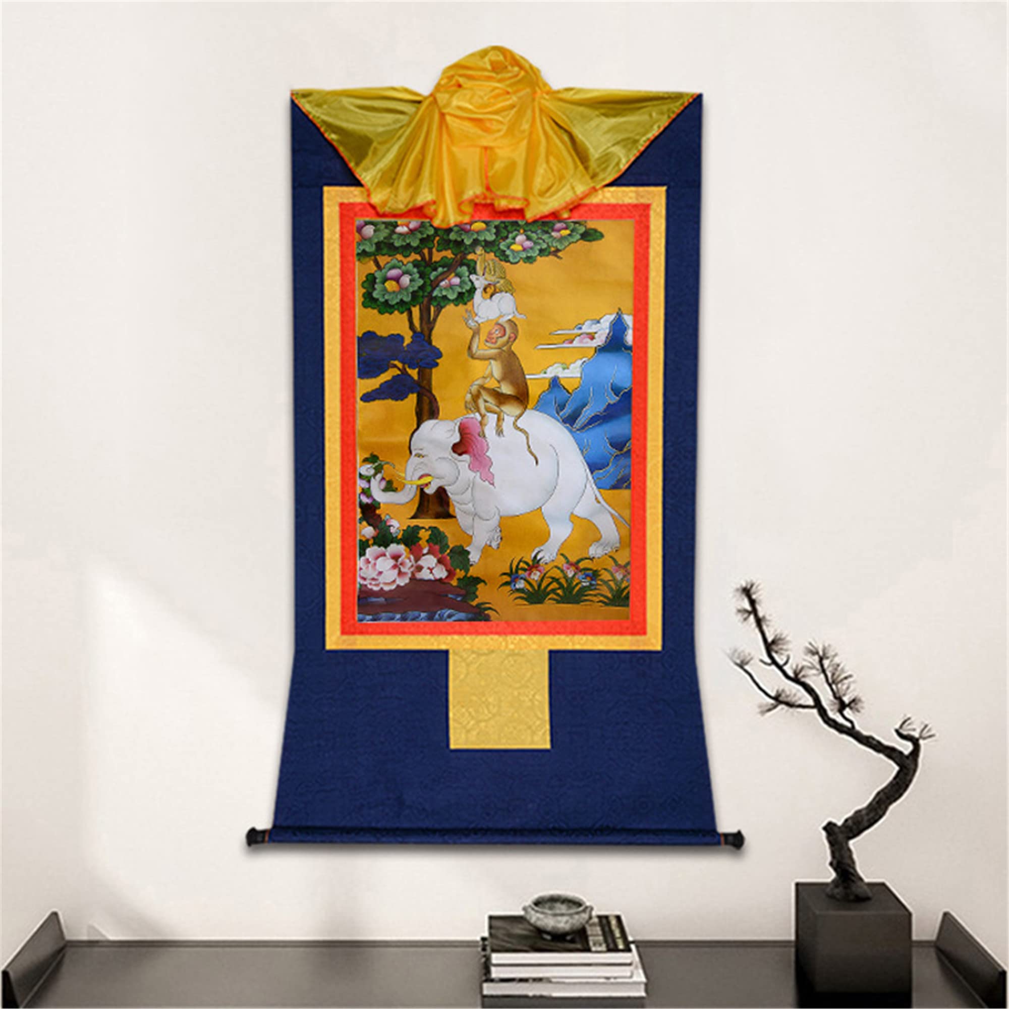 Gandhanra Thangka Tibetische Wandbehang,Vier harmonische Tiere Thangka,Heißgeprägter Buddha Wandteppich für Zen Wohnkultur, Meditation, Spirituelle Entspannung und Ruhe