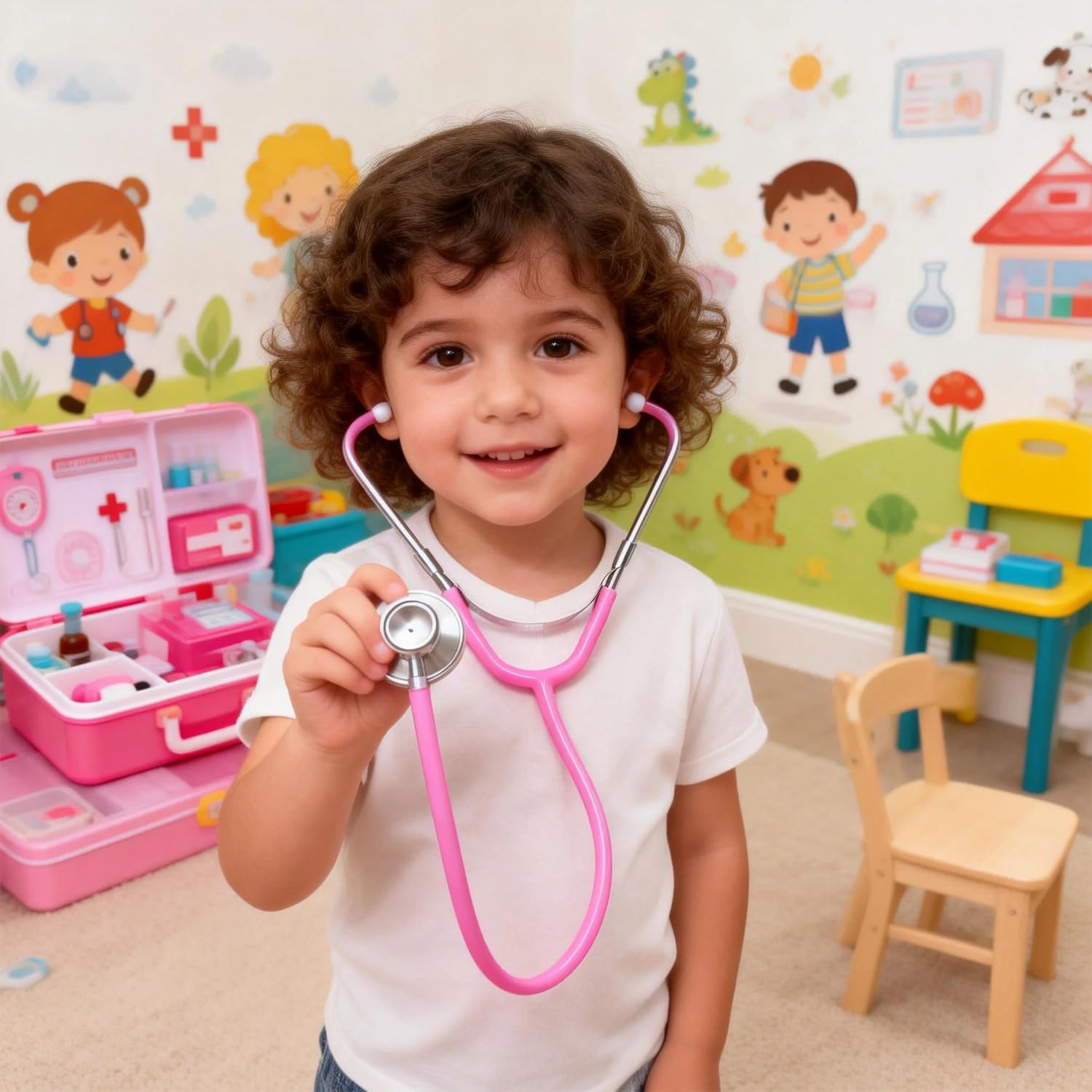 1 Stéthoscope Rose Et 1 Badge, Ensemble De Jeu De Médecin, Jouet De Communication Parent-Enfant, Adapté Aux Jeux d'apprentissage, Aux Jeux De Rôle.
