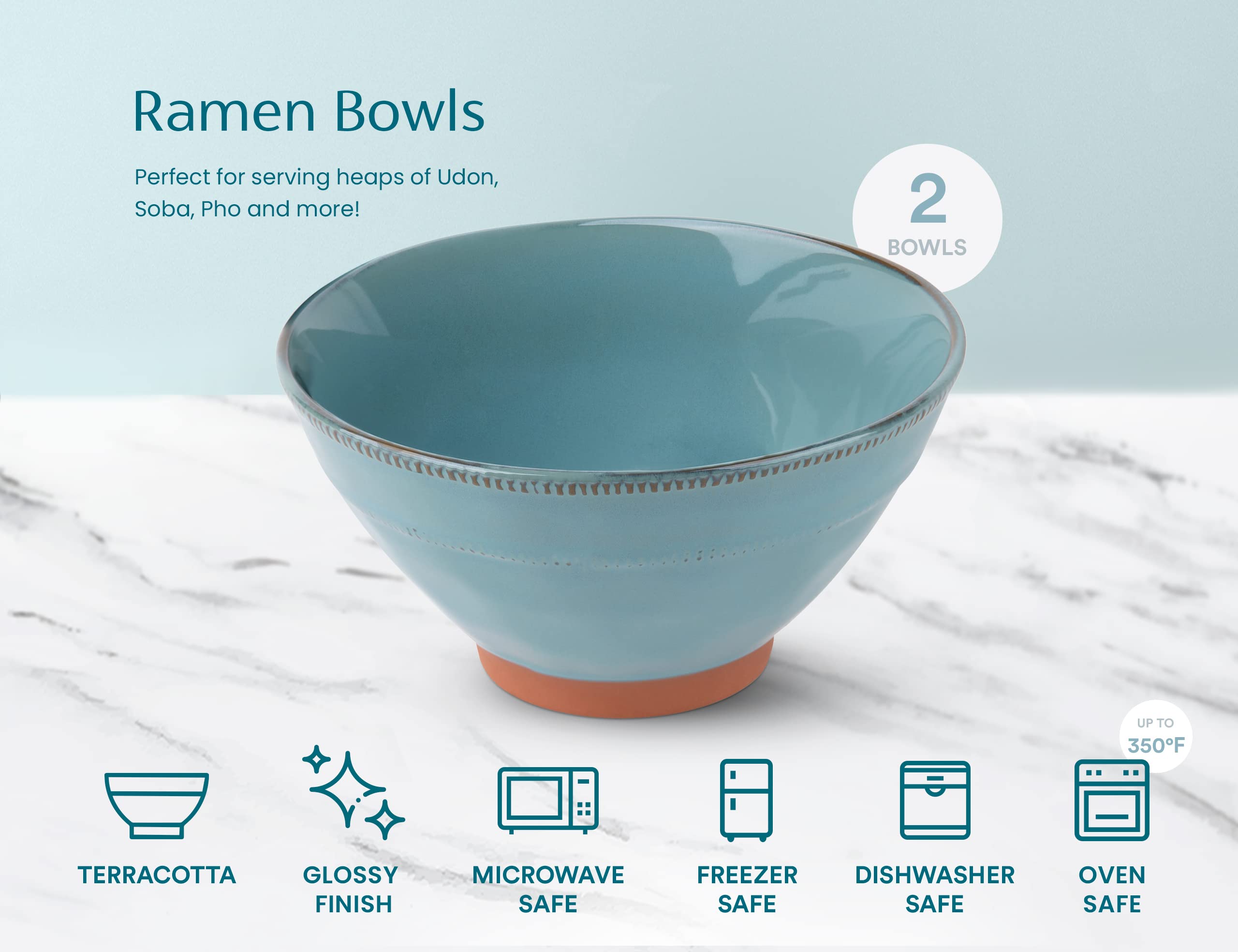 Kook Lot de 2 bols à ramen japonais en terre cuite - Passe au micro-ondes et au lave-vaisselle - Pour riz, Udon, soba, Pho - 1 020,6 g - Avec un lot de baguettes en bois (bleu sarcelle)