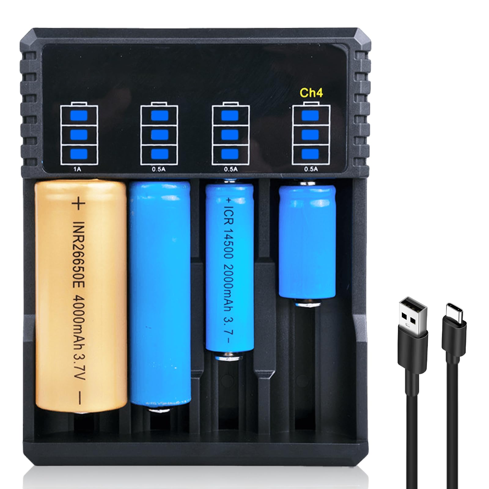 Caricabatterie universale 18650, a 4 scomparti, con indicatore LED, caricatore universale per batterie USB veloce per batterie agli ioni di litio 18650 18350 21700 16340 26650 AA AAA C 3,7 V
