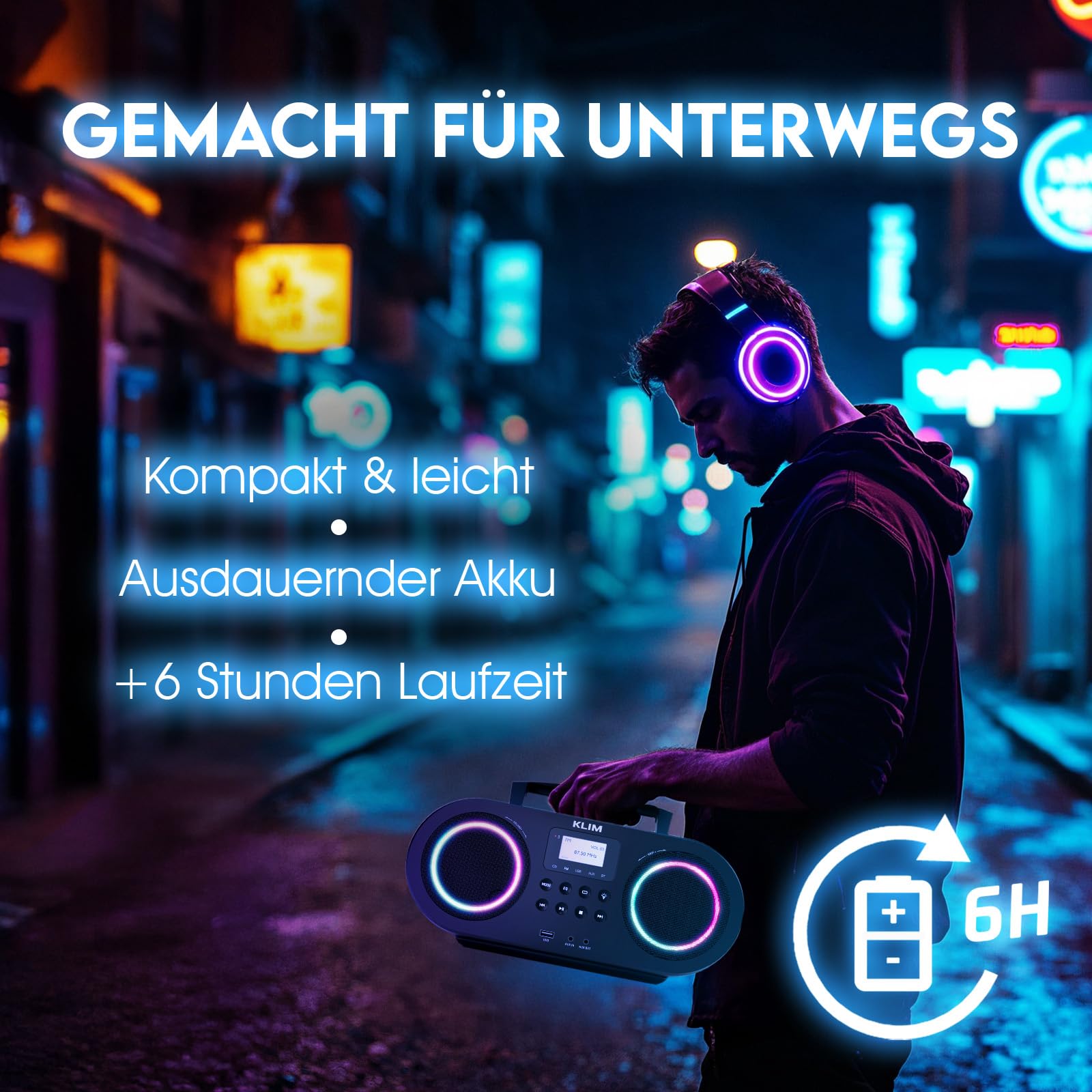KLIM Boombox B5 Radio mit CD Player + FM Radio, Bluetooth, AUX, USB + NEU + CD Player tragbar mit kabellosem Modus und aufladbaren Akku + CD-Player mit Autosleep, Digital EQ