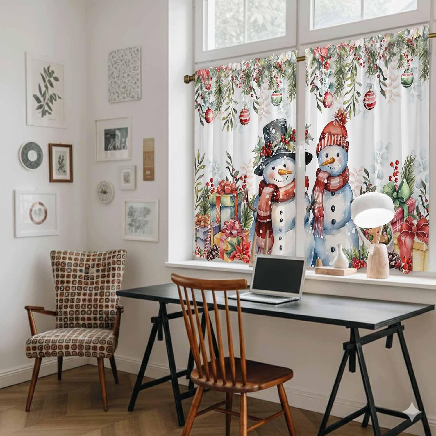 Christmas Snowman Kitchen Tier Curtains 45 Inch Long 2 Panel Set,Rod Pocket Short Window Treatment,Xmas Balls Poinsettia Botanical Light Filtering Curtains & Drapes for Bathroom Basement 27.5"W x 45"L